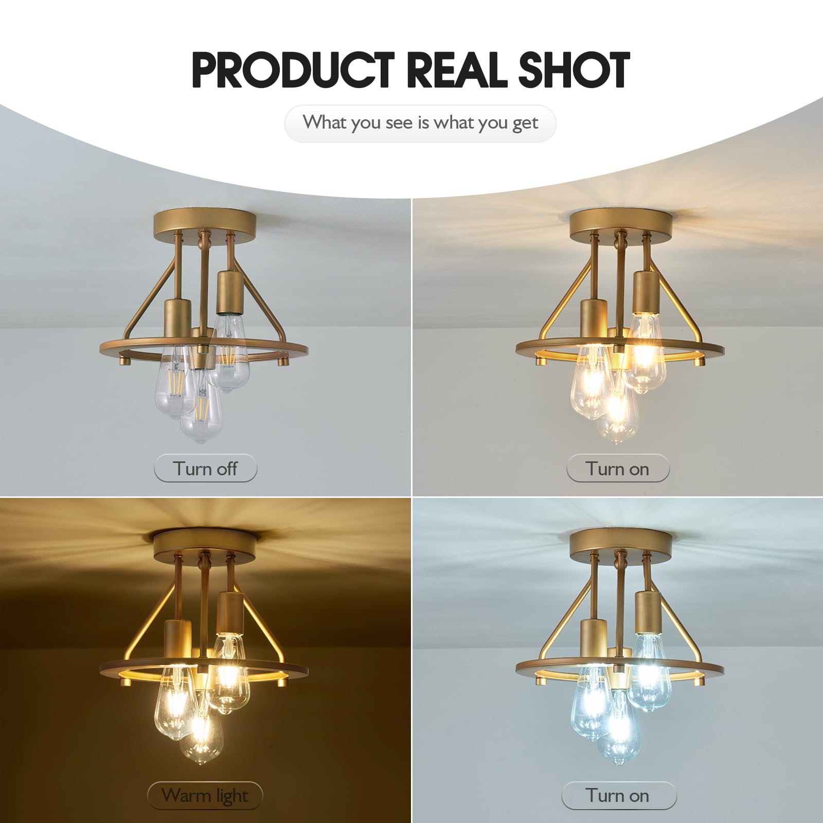 Qgiytp Gold 3-Light Semi Flush Mount Ceiling Light Fixture Metal Farmhouse Vintage Chandelier Circle Ceiling Lamp For Bathroom Kitchen Dining Room Laundry Room Foyer Closet Stairwell
