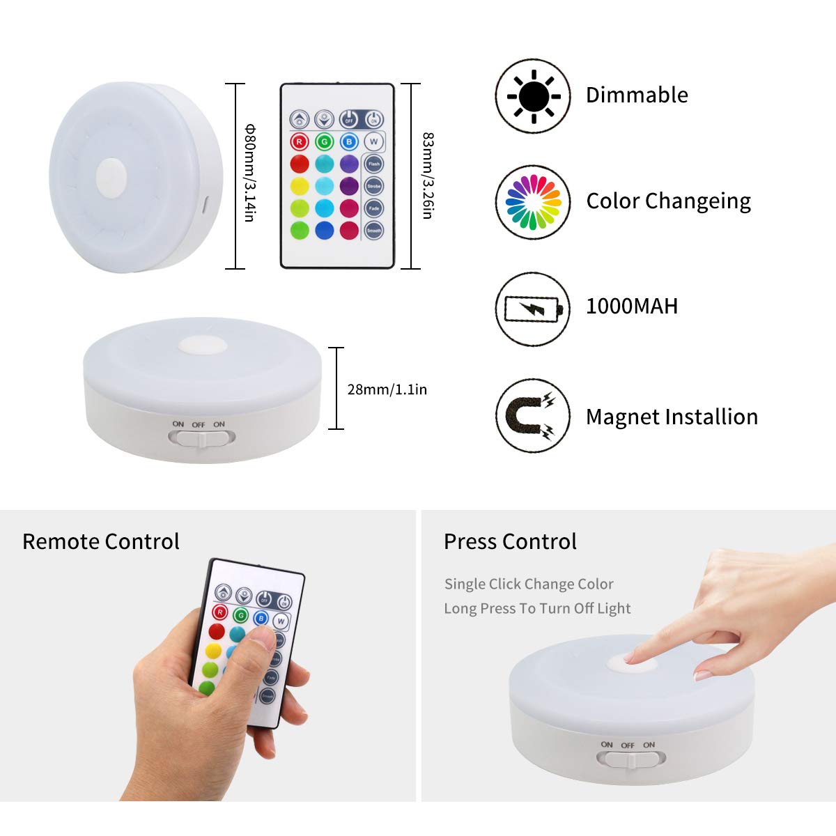 Bason Lighting Puck Lights With Remote,Under Cabinet Led Lighting,Rgb Wireless Rechargeable Light For Closet,Display Case,3 Pack
