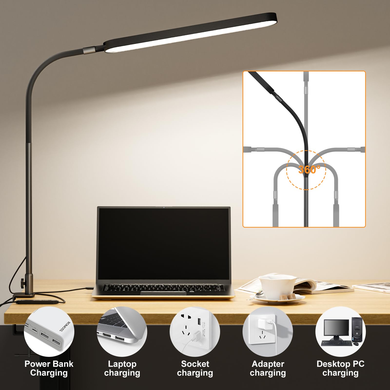 Skyleo Led Desk Lamp, 33.5&quot; Flexible Gooseneck, 5 Color Modes, 11 Brightness,