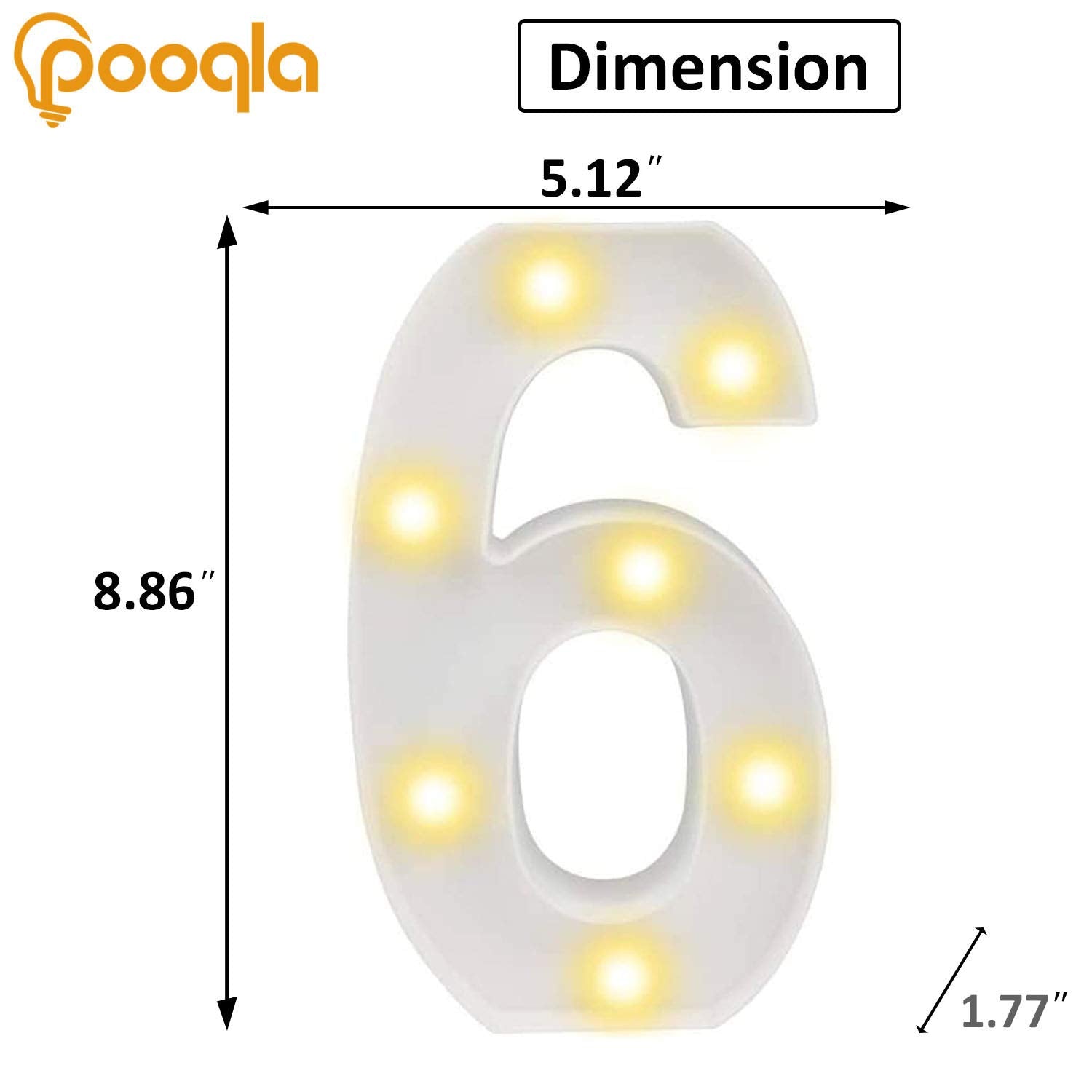 Pooqla LED Light Up Number 6, Warm White and Cool White Decorative Marquee Sign, Plastic, Model DENC-BP-01