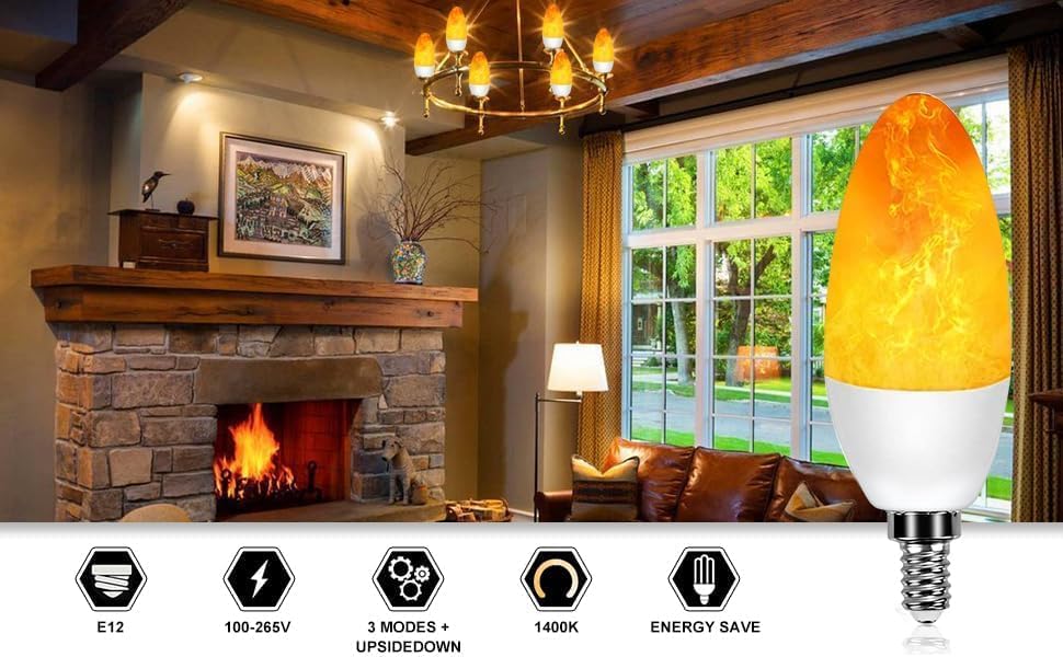 Icrius Led Flame Light Bulbs E12 (2-Pack) - Warm Yellow Flickering Flame Effect Lights For Christmas, Halloween, Parties, Firepl