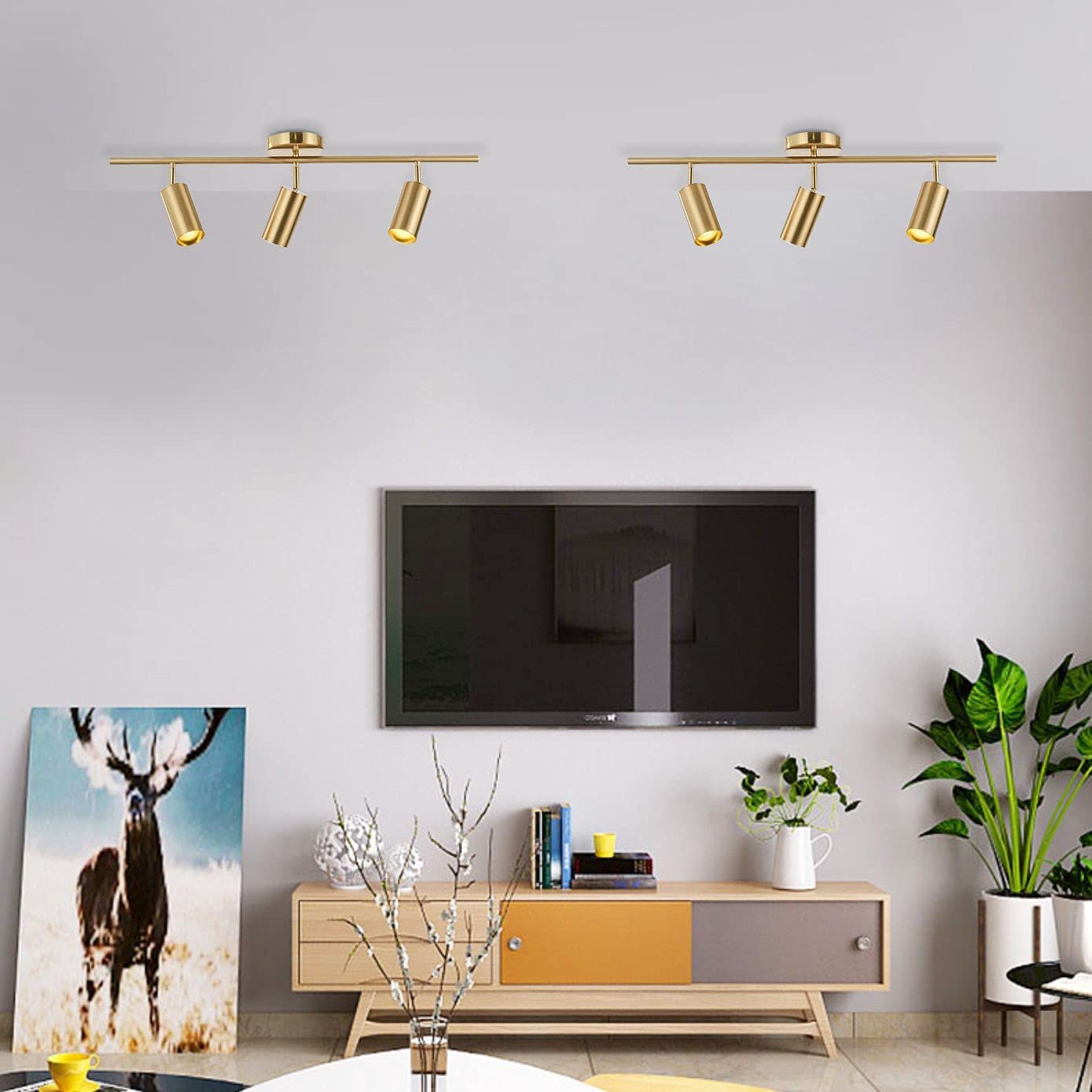 KCO Lighting Modern Brass Gold Track Lighting 3-Lights Modern Kitchen Fixtures Indoor Flush Mount Ceiling Spotlights Dimmable LE