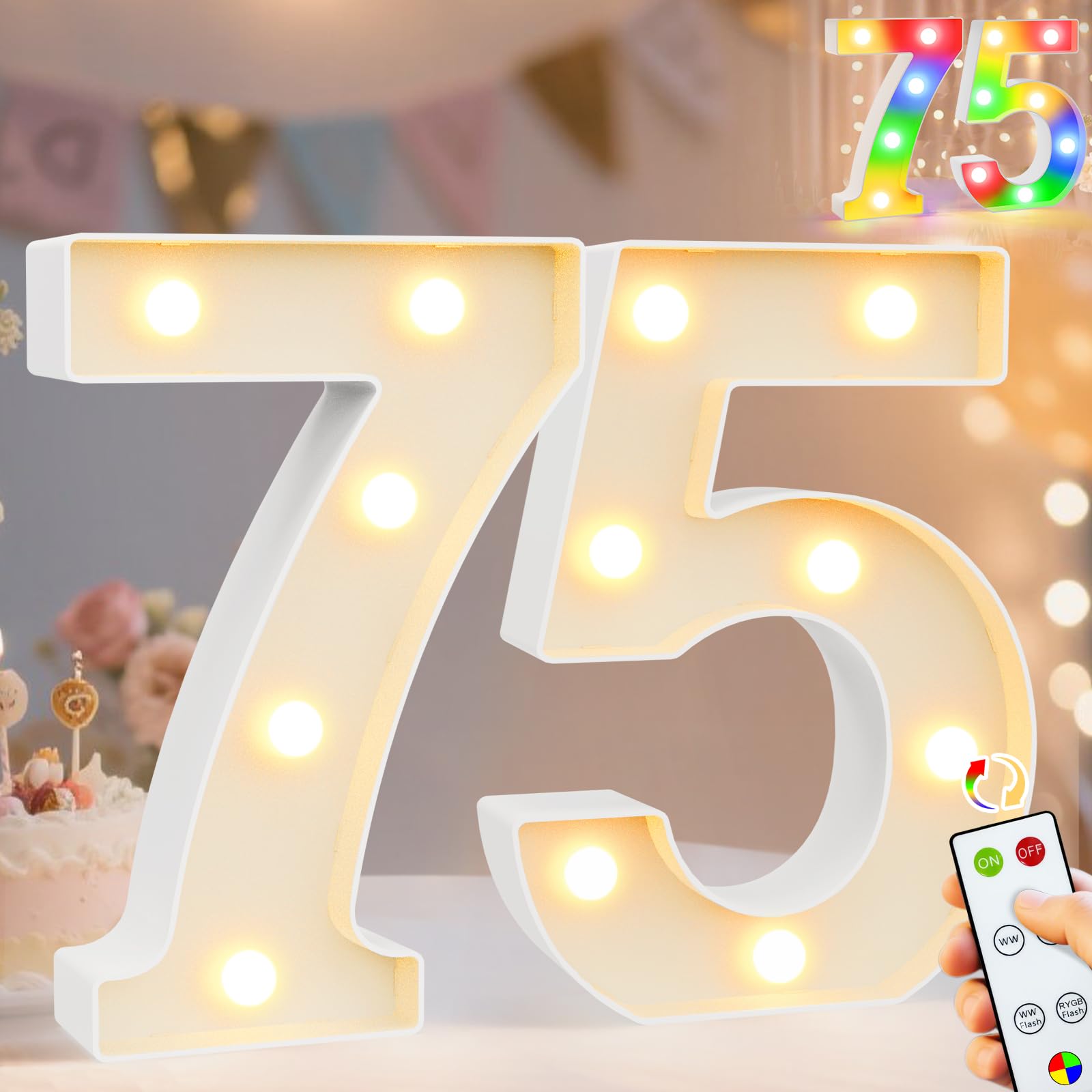 Pooqla 75Th Birthday Decoration For Her Him  Decorative Led Light Up Numbers  Marquee Numbers 75 Sign For Party Backdrop 75Th Wedding Anniversary Decor Gift  Warm White And Colorful Number 75