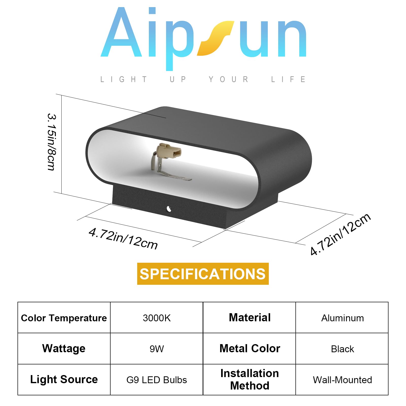 Aipsun Black LED Wall Sconce, Modern Hardwired Indoor Light, Up and Down Mount, 1 Pack, G9 Bulbs, 3000K Warm White, Model HW620