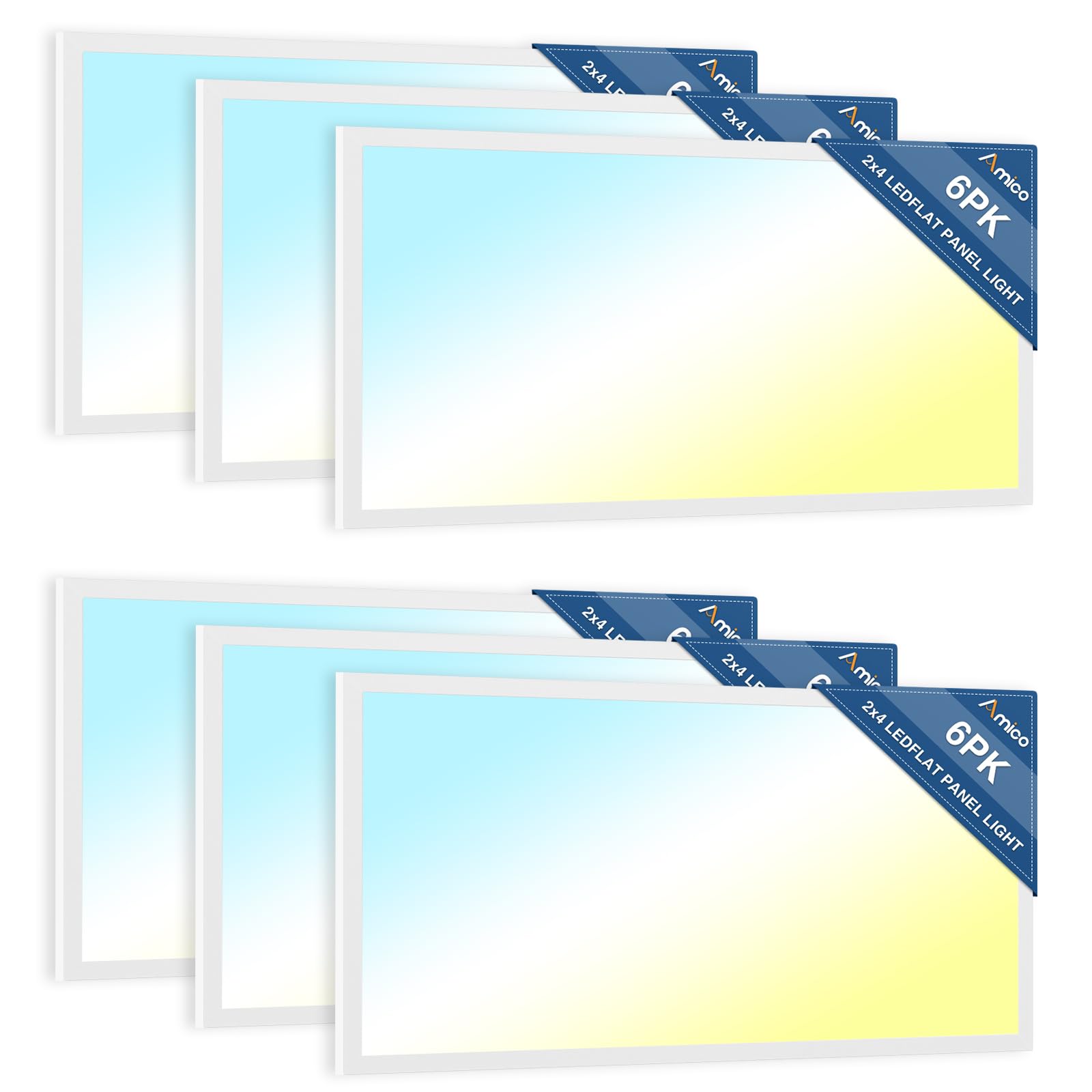 Amico 6 Pack 2x4 LED Flat Panel Light 30/40/50W 6250lm Adjustable, 0-10V Dimmable LED Drop Ceiling Light Fixtures, 4000K/5000K/6