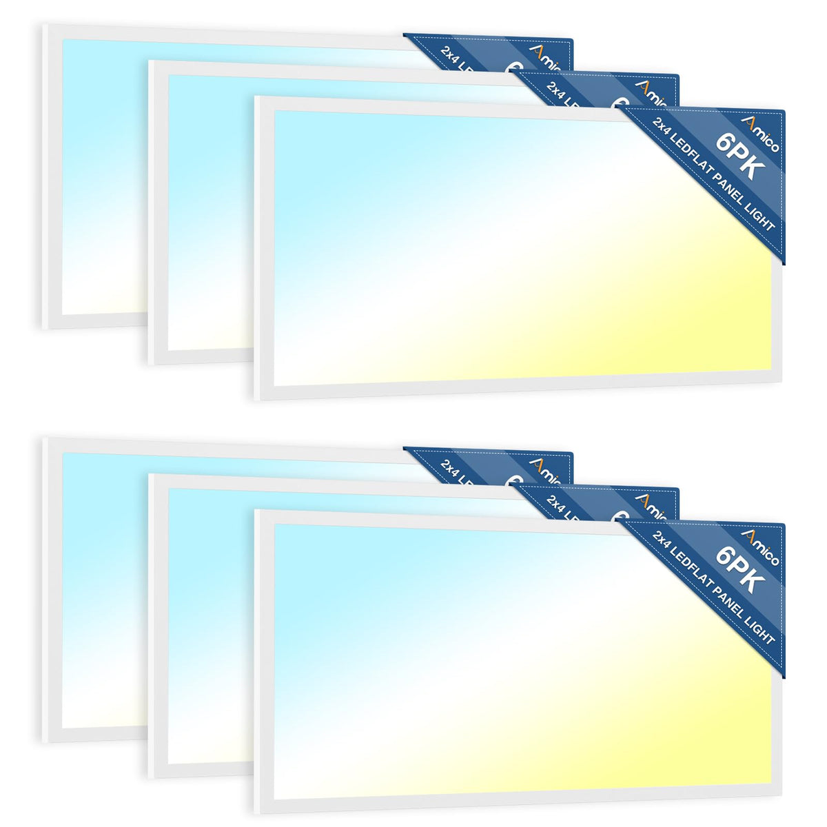 Amico 6 Pack 2X4 Led Flat Panel Light Fixture 4000K/5000K/6500K Selectable Drop Ceiling Office Lights, 50W 0-10V Dimmable, 6250