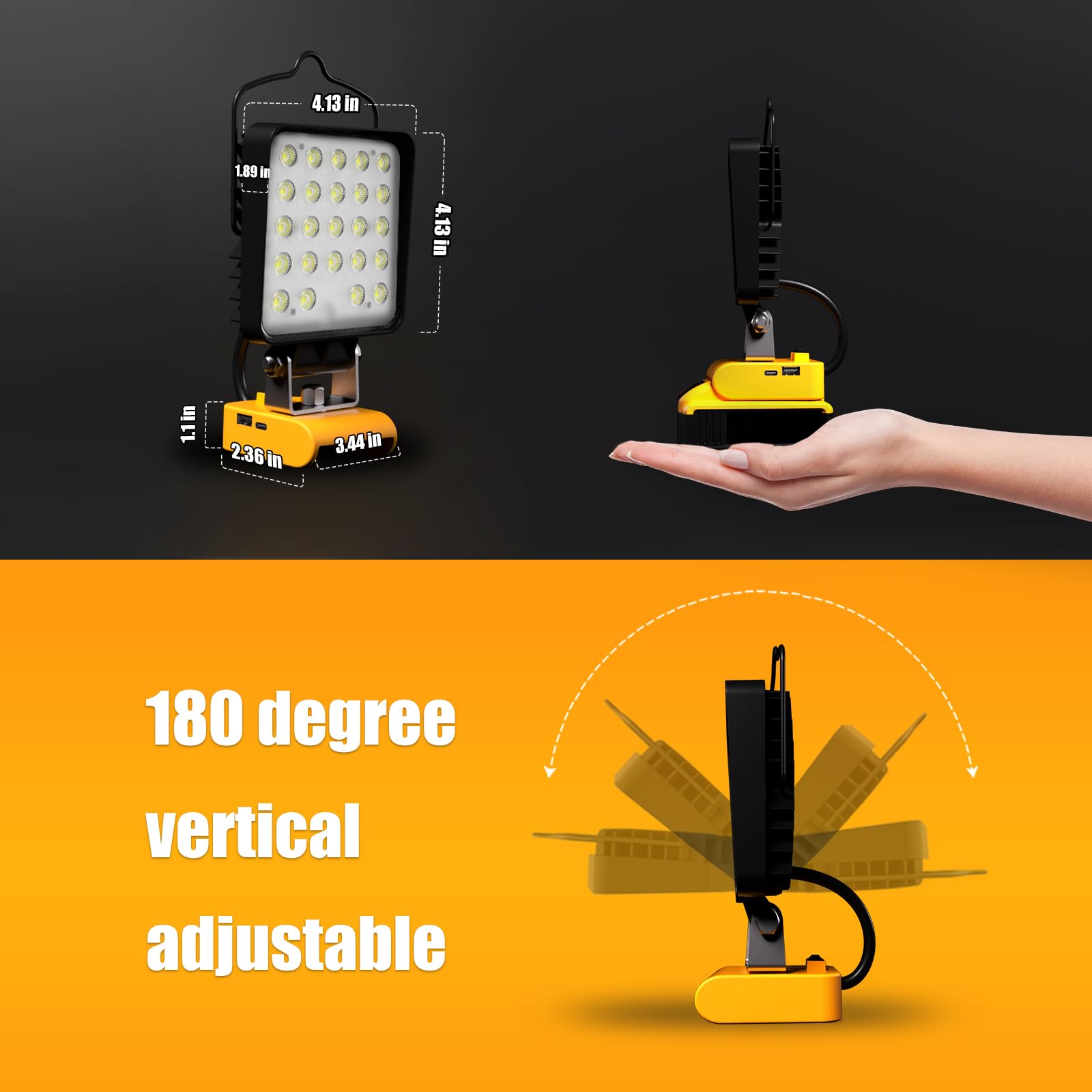 LANKA 4 Pcs LED Work Light for Dewalt 20V Max, 90W 9600LM, Portable, Black/Yellow, USB & Type-C Charging, Low Voltage Protection