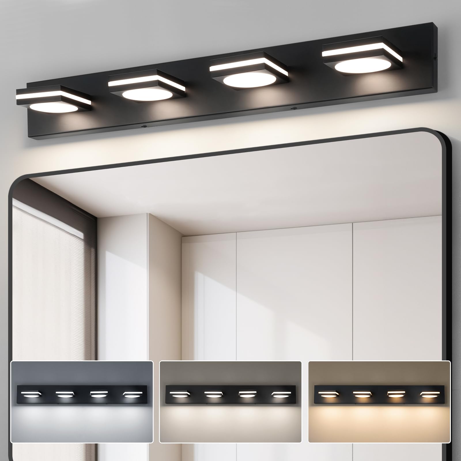 Okeli 4-Light Led Bathroom Vanity Light Fixtures  Matte Black Modern Bathroom Wall Lighting Fixtures Over Mirror (3Cct  3000K-6000K)