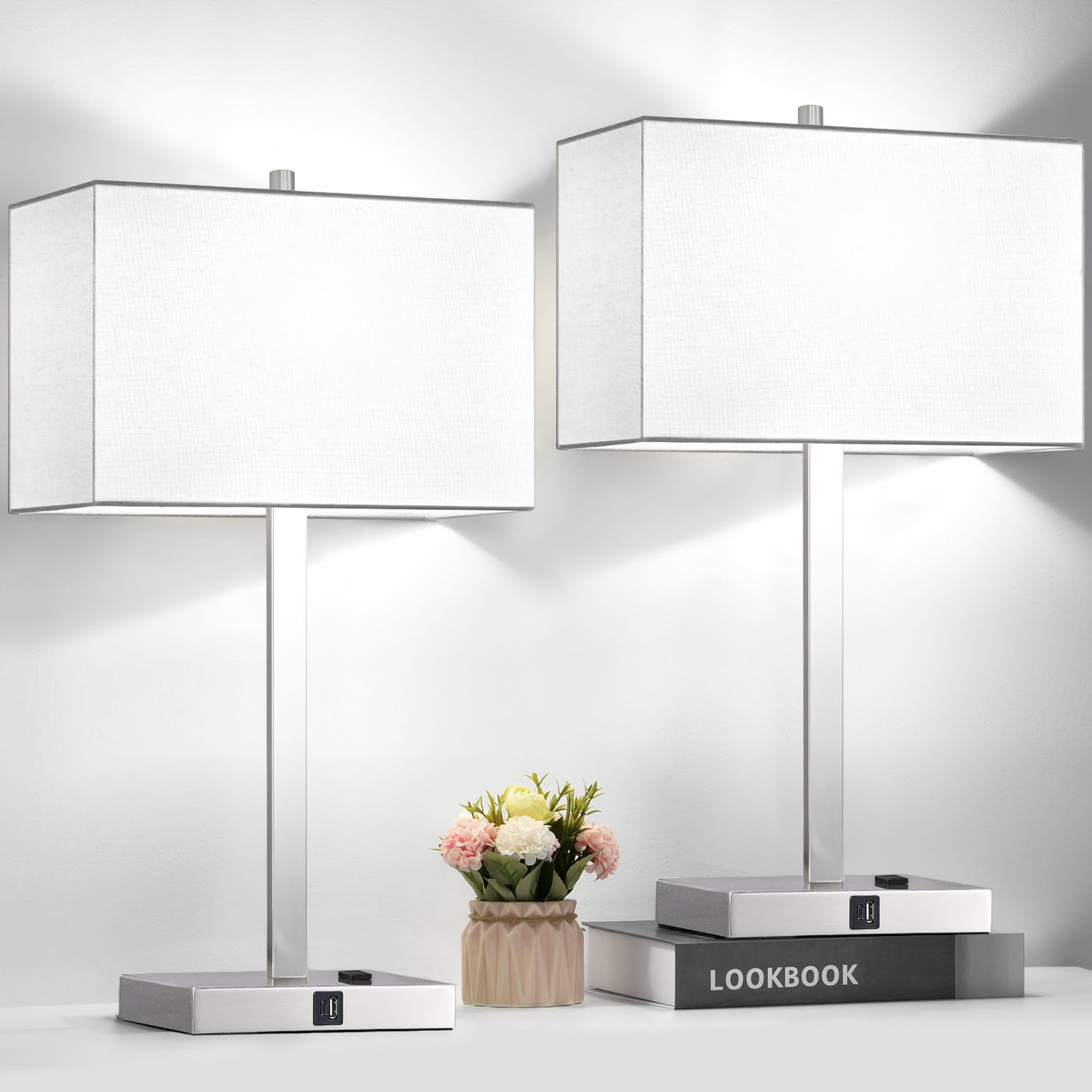Lynnoland 21in Touch Control Table Lamps Set of 2 with USB & AC Outlets, 3-Way Dimmable, White Shade, Metal, Model T3801