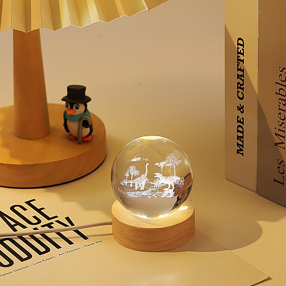 Hochance 3D Dinosaur Crystal Ball Lamp With Adjustable Brightness Led Wooden Base Night Light For Kids Teens mature-themeds Birthday Gift Home Desk Office Bedroom Decor (6Cm / 2.4 )