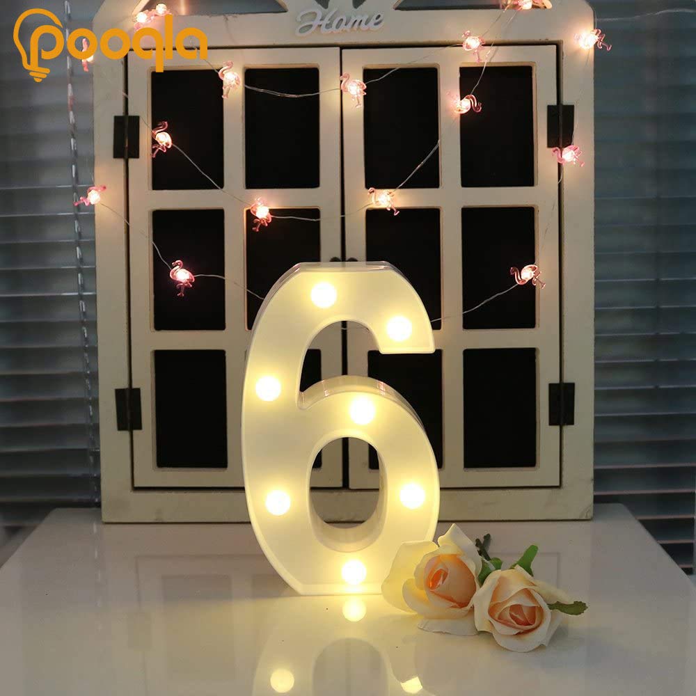 Pooqla Decorative LED Number Light Sign, Battery Operated, White Plastic, Number 6, Model JH-NB-06