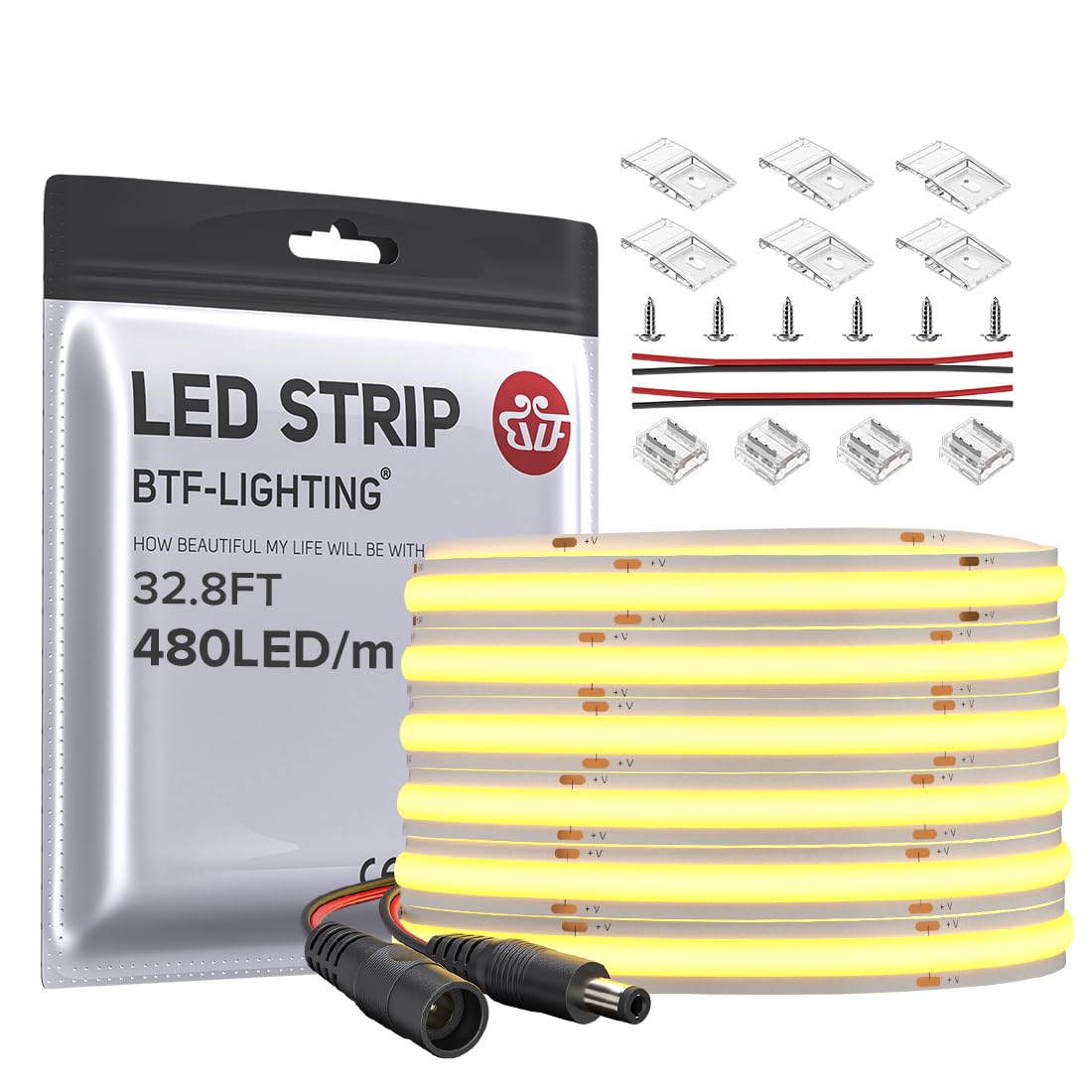 BTF-LIGHTING FCOB COB LED Strip UL Listed Flexible High Density Uniform Light 9W/m 32.8FT DC24V Warm White 2700K 480LED/m CRI 90+ 8mm Width LED Ribbon for Indoor Decoration(No Adapter or Controller)