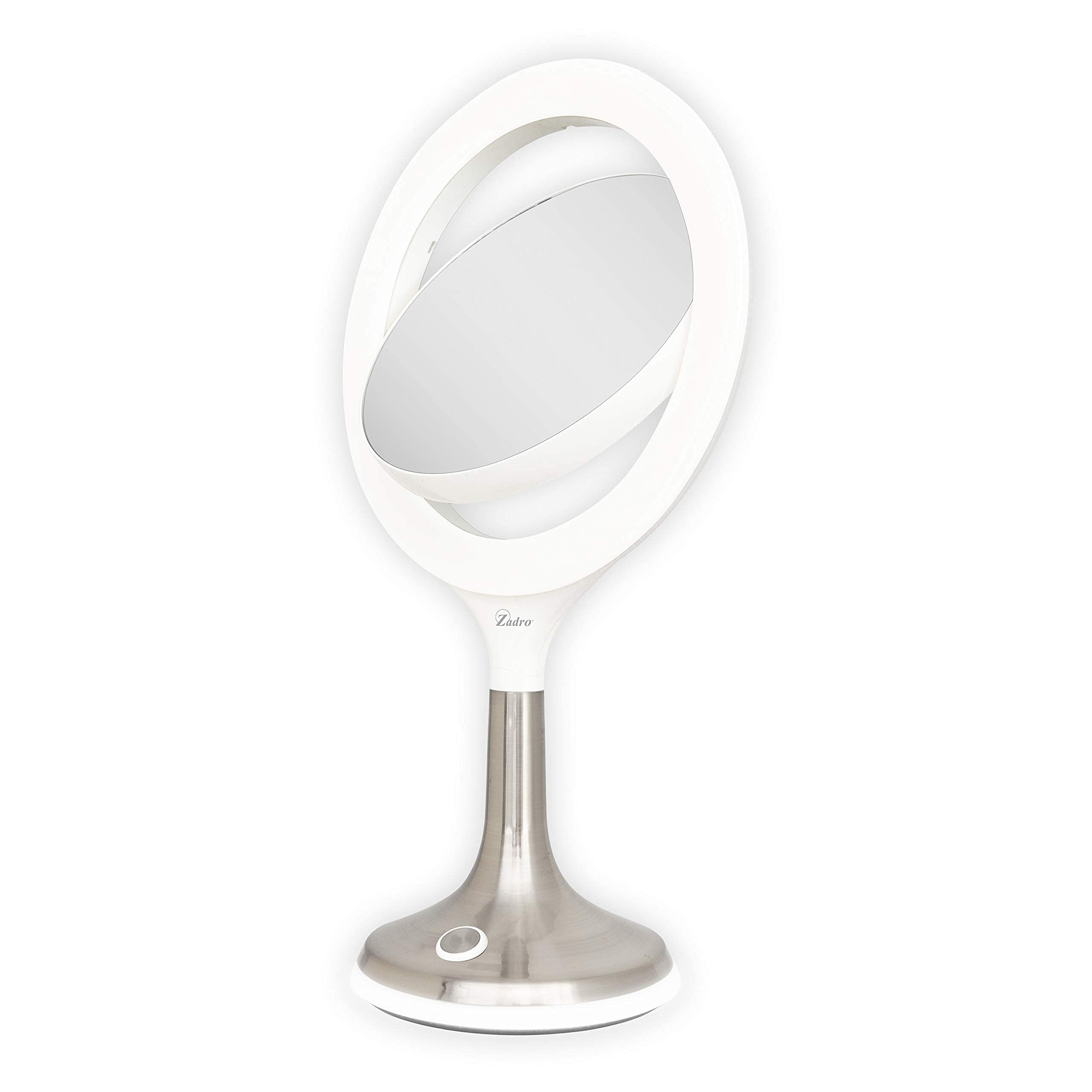 Zadro 9.75" LED Ring Light Vanity Mirror, 360° Swivel, 8X/1X Magnification, White/Satin Nickel, Model LSLVNT48