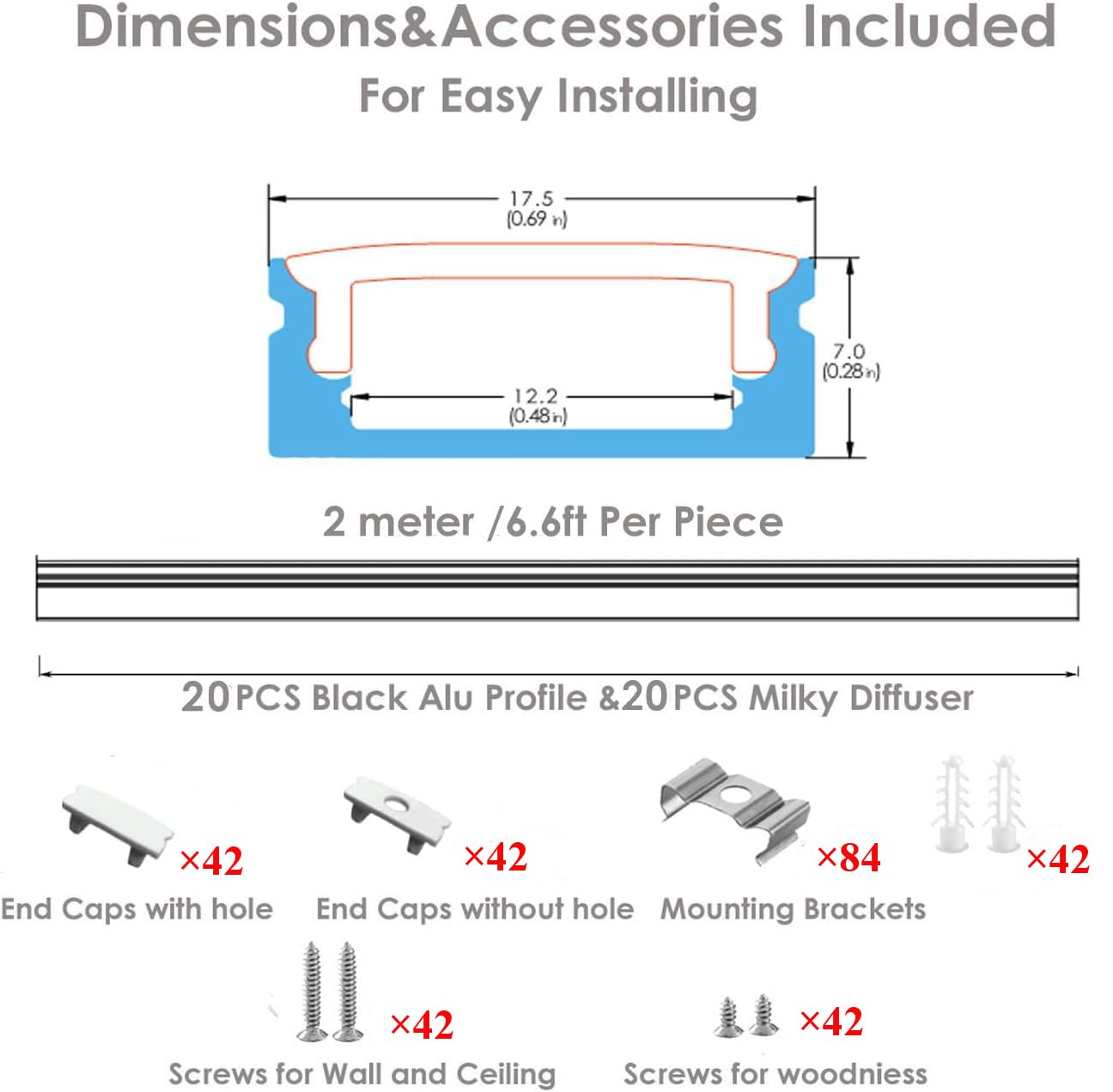 Besseto 20Pack 6.6Ft/2M White Led Aluminum Channel,Led Strip Light Diffuser Aluminum Channel Profile Housing Extrusion For Under Cabinet Counter And Stairs (White-20Pack 6.6Ft)