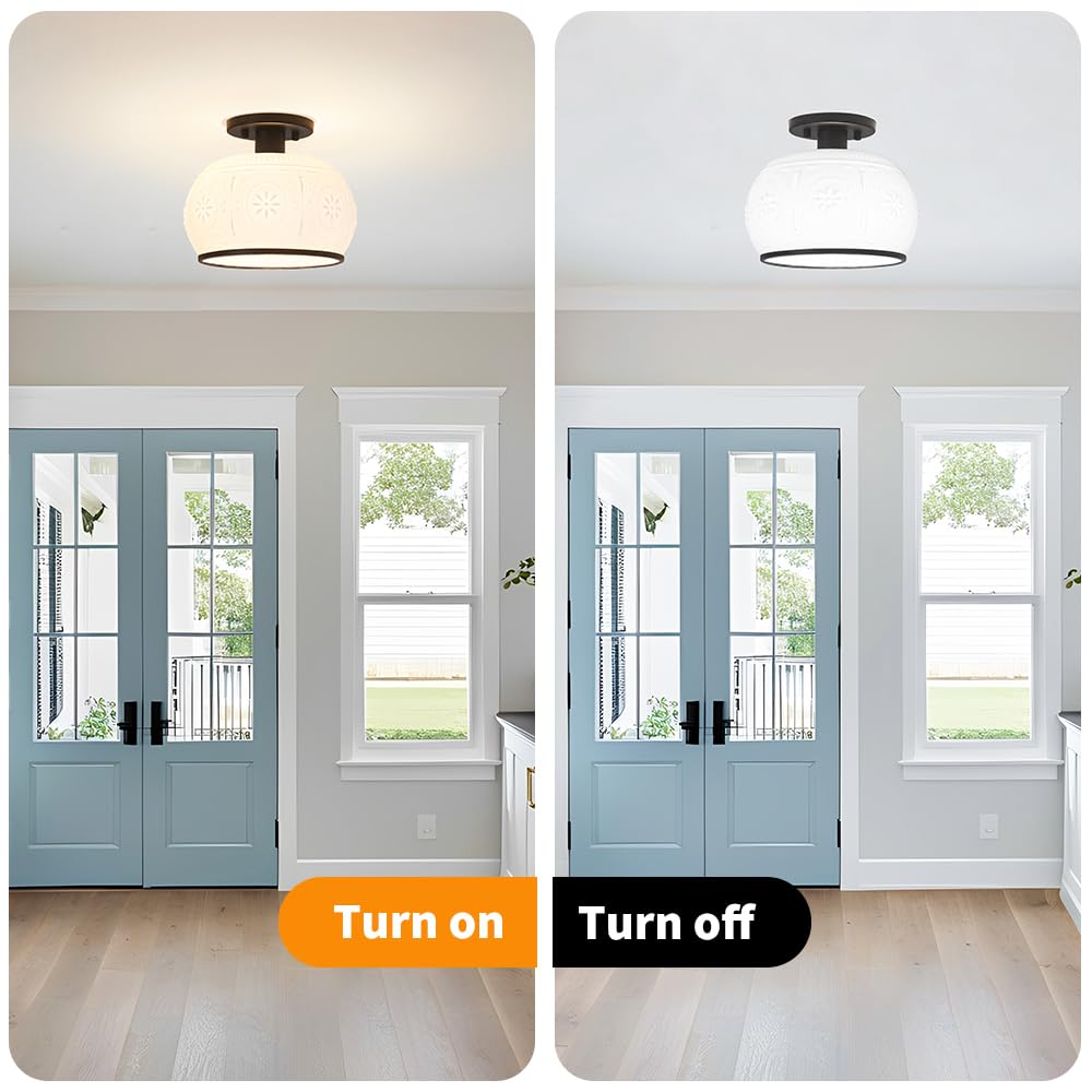 Oiyio Matte Black Semi Flush Mount Ceiling Light With Milk Glass Shade  Hallway Lighting Fixtures  Vintage Ceiling Light For Kitchen  Bedroom  Closet  Entryway  Porch
