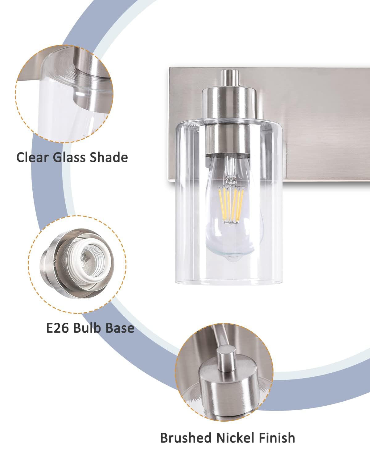 Chosenior Bathroom Light Fixtures, 2-Light Brushed Nickel Bathroom Vanity Light, Modern Wall Sconces With Clear Glass Shade For