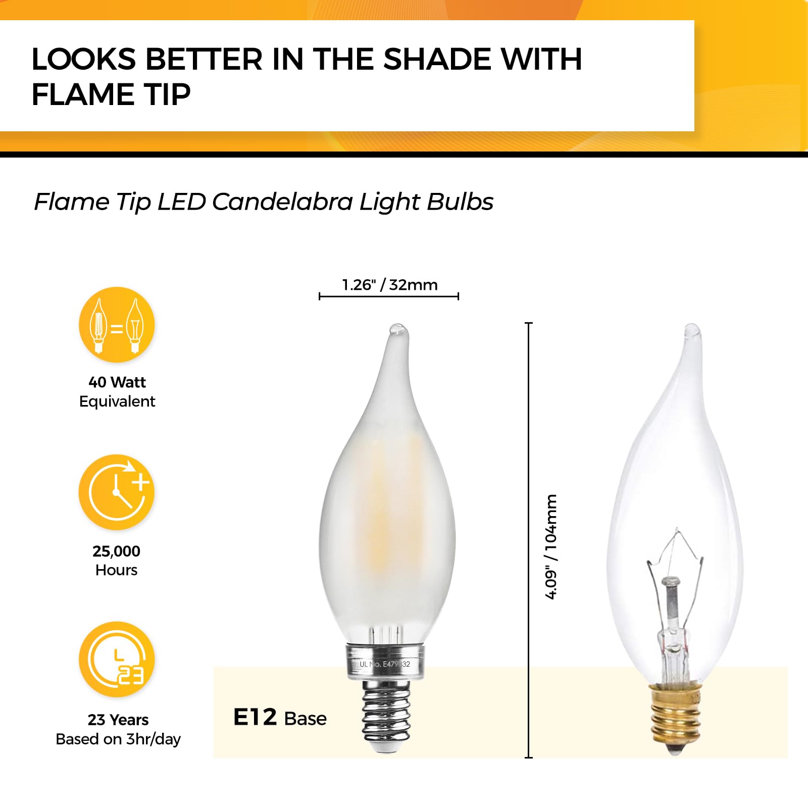 Hizashi 60W LED Dimmable Candelabra Bulbs, 2700K Soft White, Flame Tip CA11, 550LM, UL Listed, 6 Pack