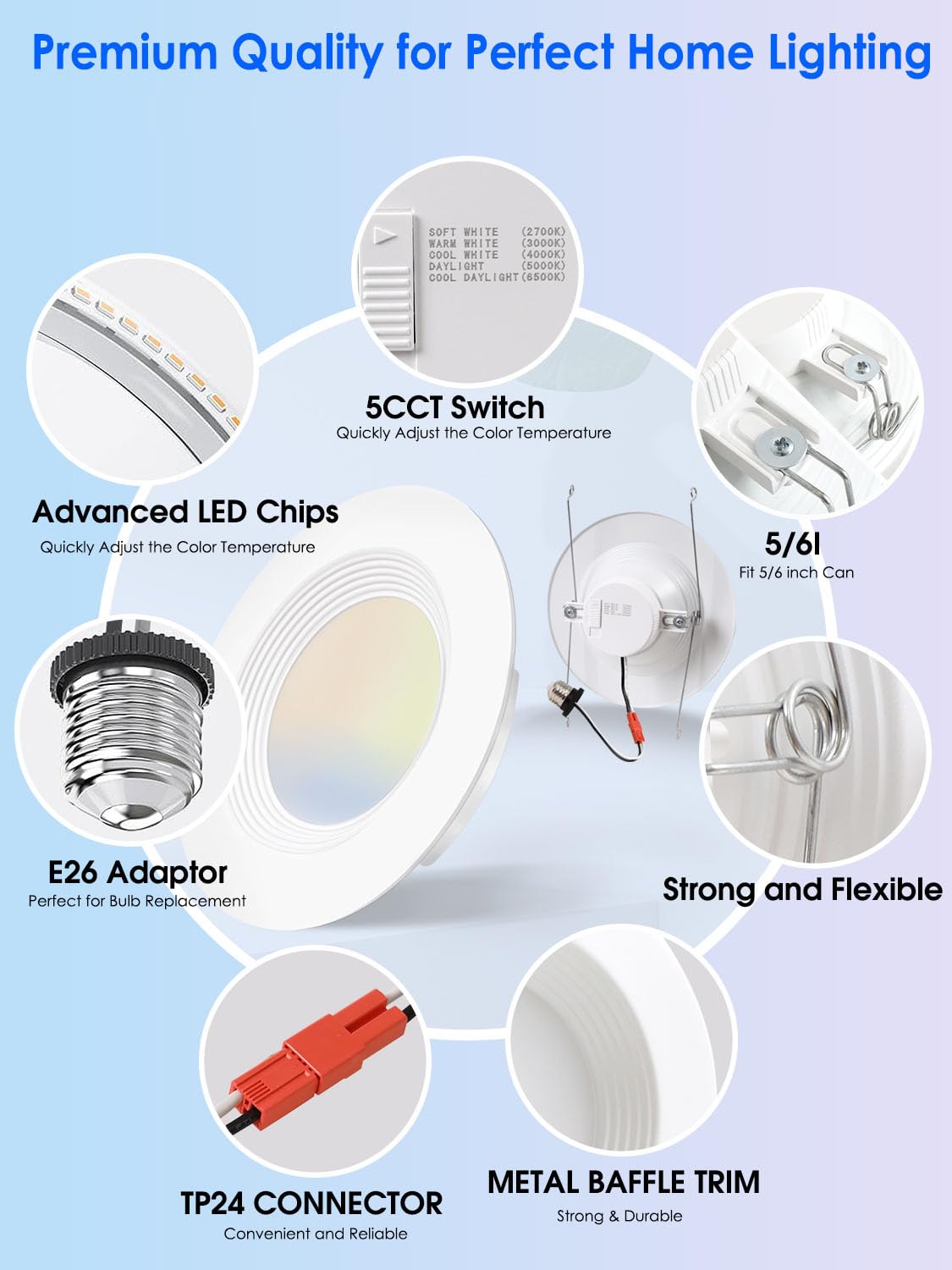 Energetic 5CCT LED Recessed Light Downlight, CRI 90, Dimmable, 10.5W=85W, 6 Pack, 2700K