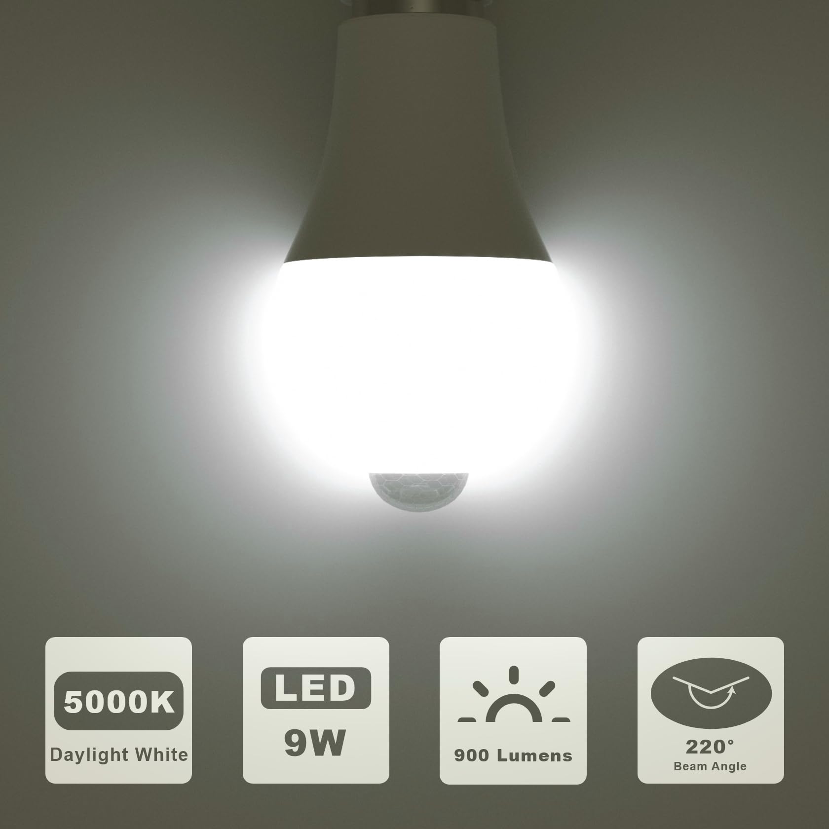 ORALUCE Motion Sensor LED Bulbs 9W A19 E26 60W Equivalent, Daylight White, 5000K - 2 Pack for Indoor/Outdoor Use