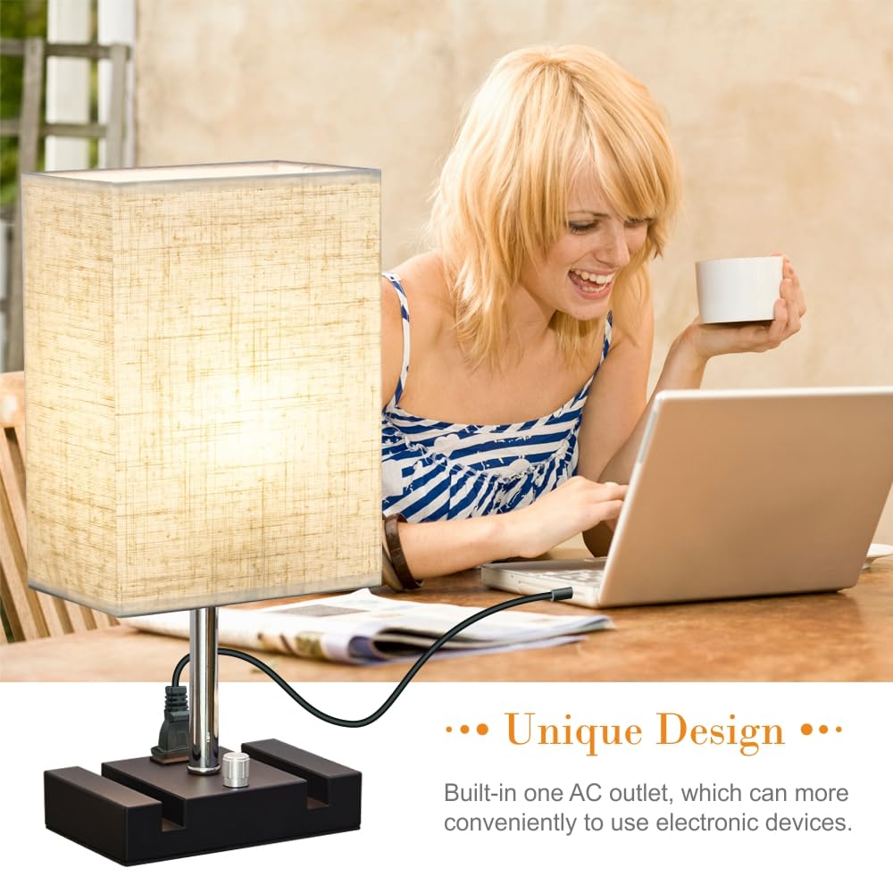 Lifeholder Bedside Lamp, Usb & Type-C Ports, Iron Material, Touch Linen Fabric, Model Lh-T23-F, Warm White Bulb Included