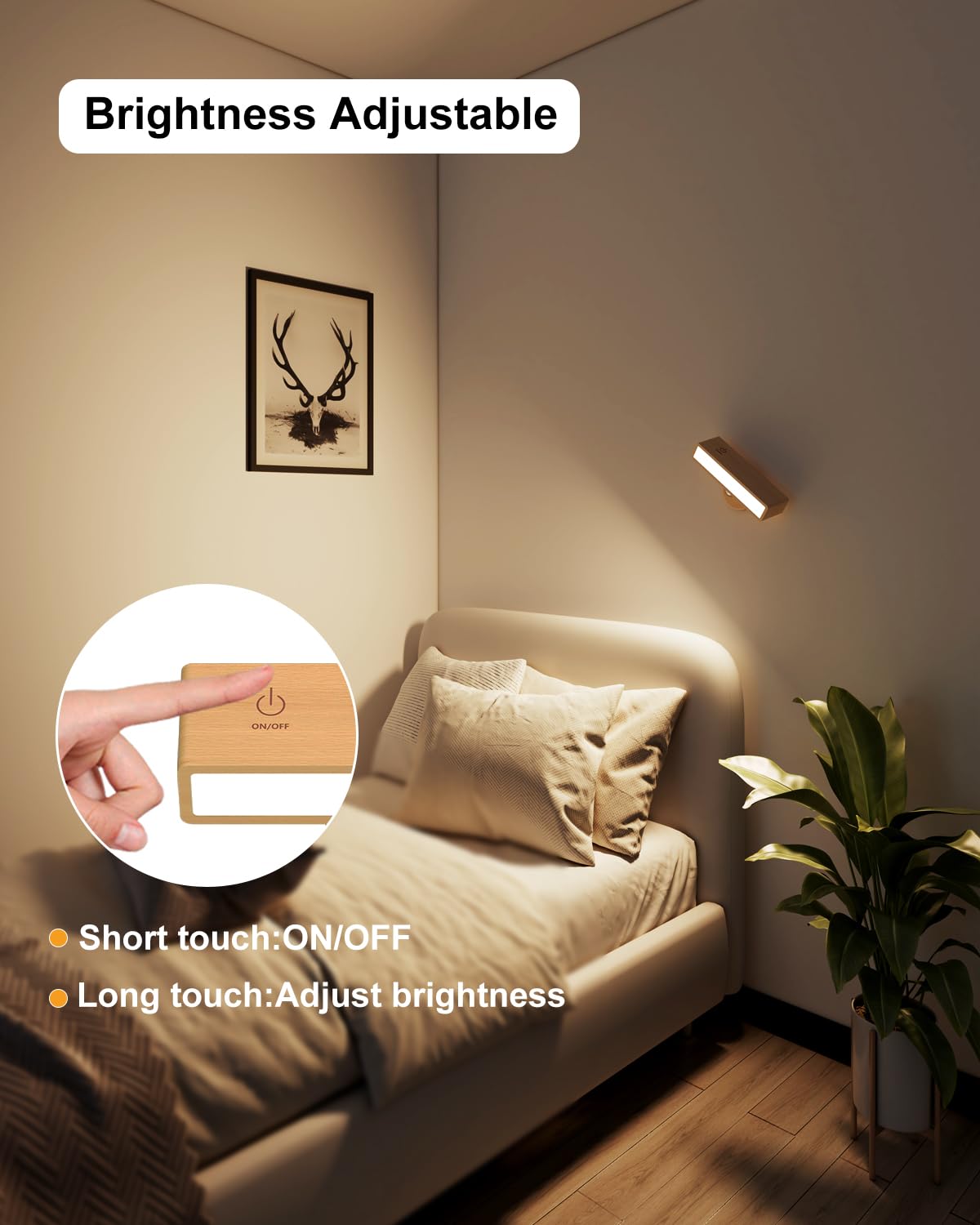 YiLaie Battery Operated Wall Sconce, Wood, Dimmable, Cordless Rechargeable, 1 Pack, Beechwood, Model EL-US-001