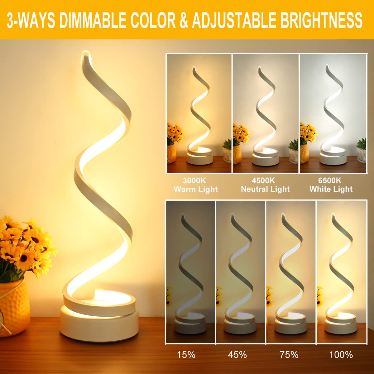 Besketie Modern Table Lamps Set Of 2, Dimmable Spiral Table Lamps For Night Stand, 12W Led Desk Lamp 3 Color 10 Brightness Level