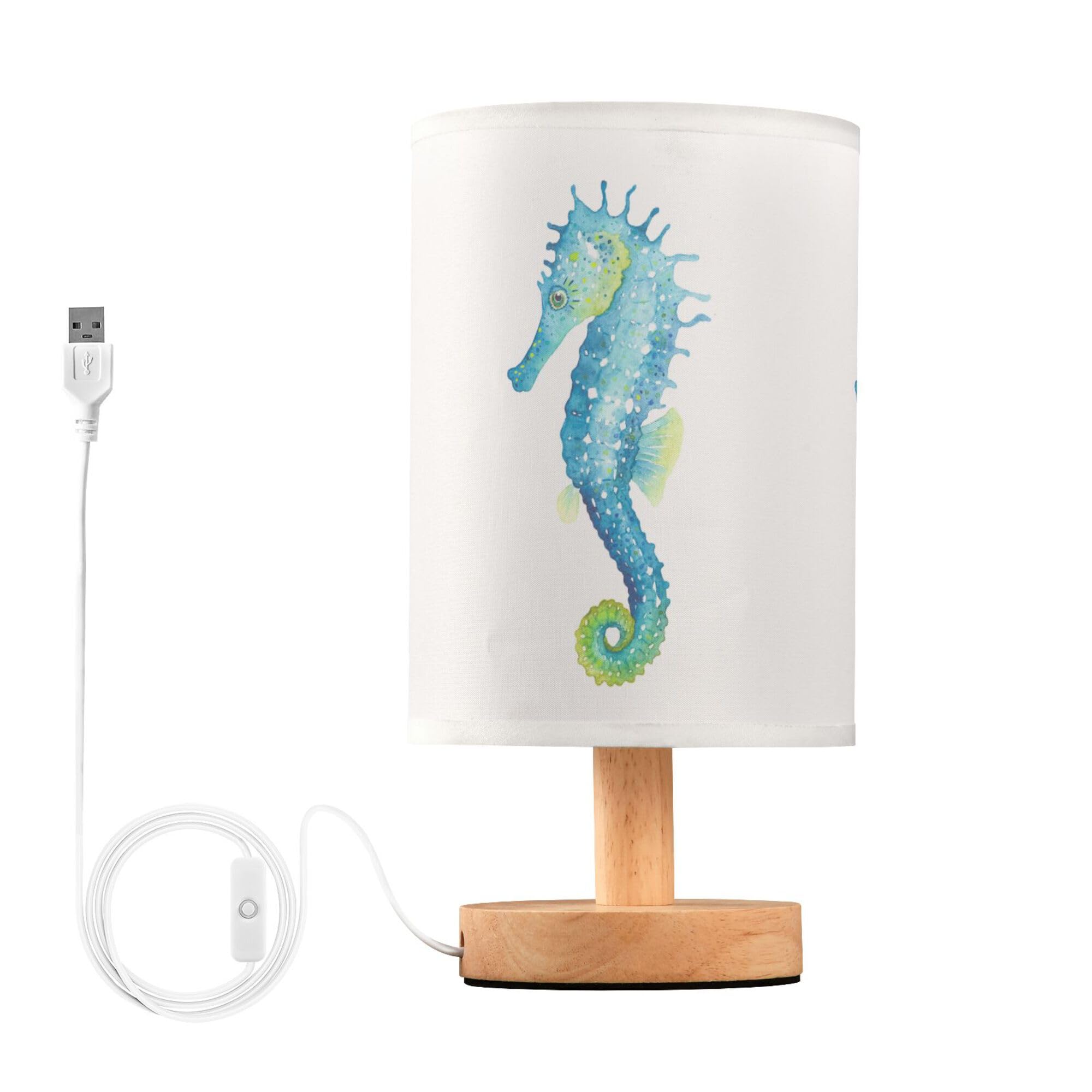 YYZZH Table Lamp Watercolor Seahorse Marine Animal Nightstand Lamp with Wood Base Fabric Lamp Shade Bedside Desk Lamp for Living