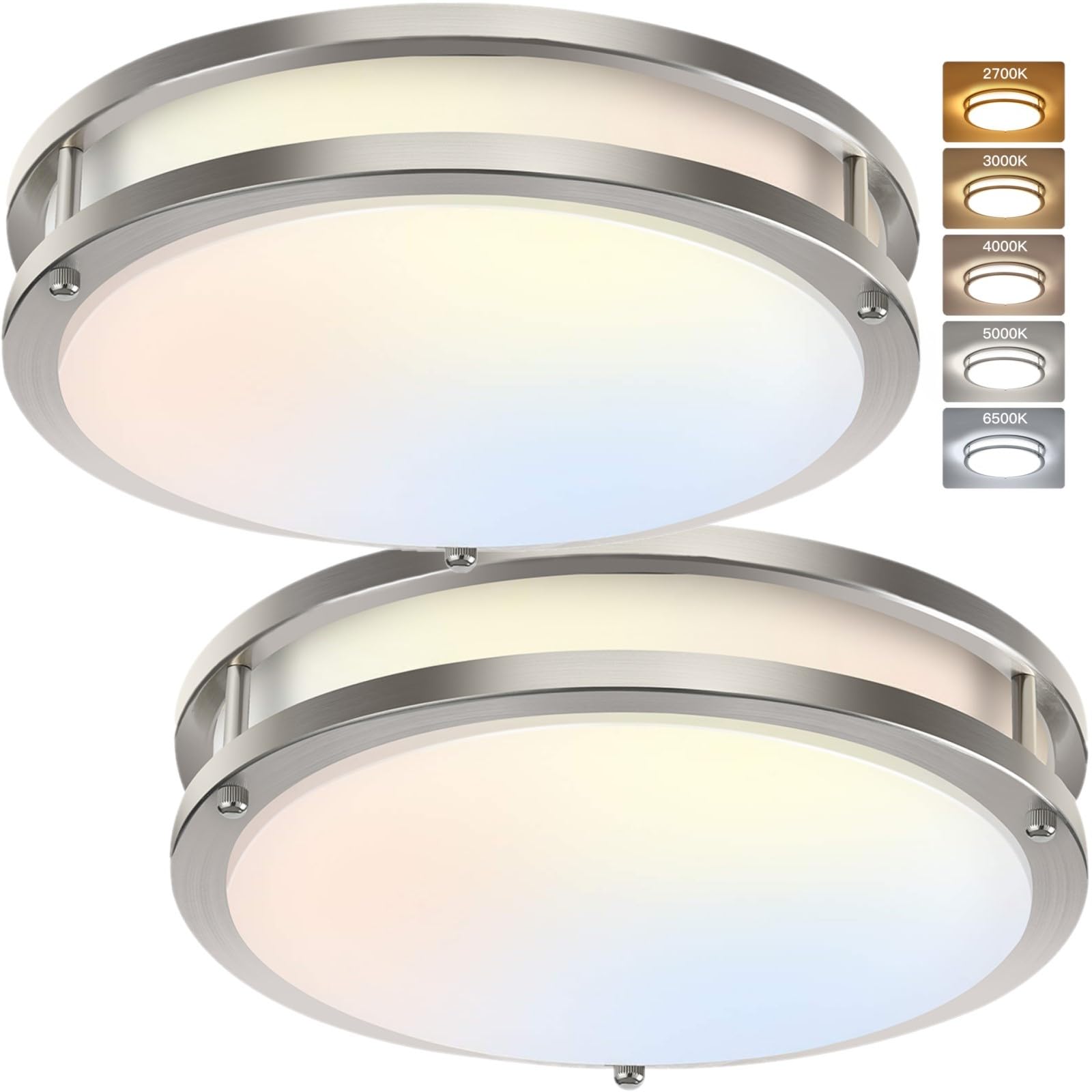 36W 12Inch Led Ceiling Light Fixtures, Flush Mount Light Fixtures, 5Cct 2700K 3000K 4000K 5000K 6500K, Close To Ceiling Light For Kitchen Bathroom Kitchen Bedroom, Super Bright 3800Lm, Nickel, 2 Packs