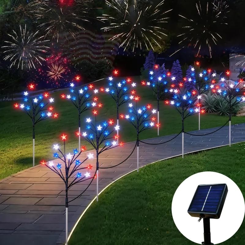 Solar 4th of July Decorations Outdoor Lights, 5-in-1 8 Modes Red White and Blue Star Stake Lights, Waterproof Solar Patriotic De
