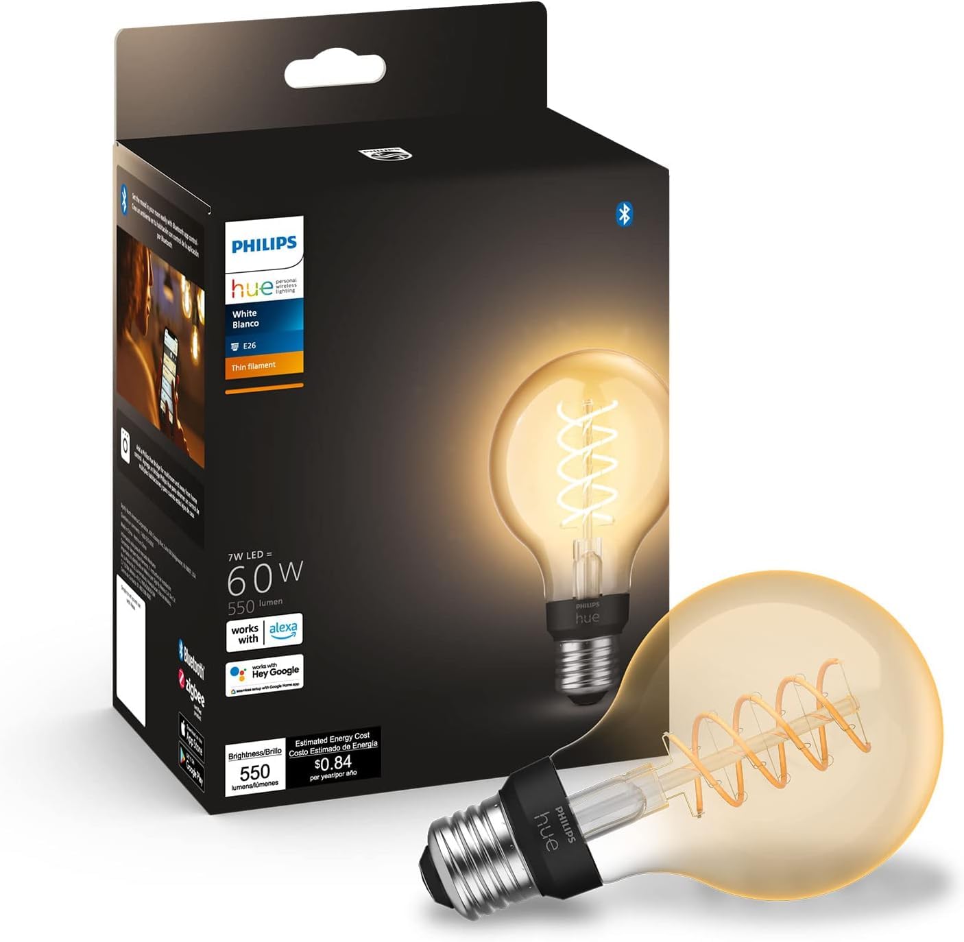 Philips Hue Smart 60W G25 Filament LED Bulb - Soft Warm White Light - 1 Pack - 550LM - E26 - Indoor - Control with Hue App - Com