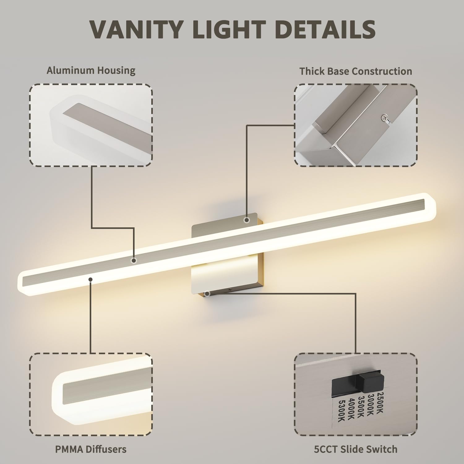 JUSHENG Brushed Nickel 32'' Dimmable LED Vanity Light Bar, 5CCT Modern Bathroom Lighting Fixture, Model 9871