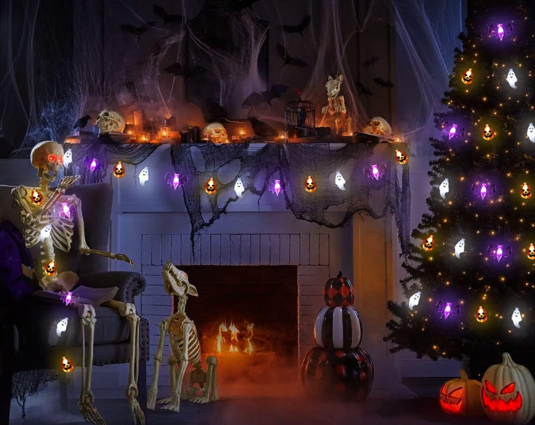 Zimati Halloween String Lights, 16 FT, 30 LED, 3D Pumpkin Bat Ghost, Battery Operated, 8 Lighting Modes, Orange/Purple/White, Model ZM001