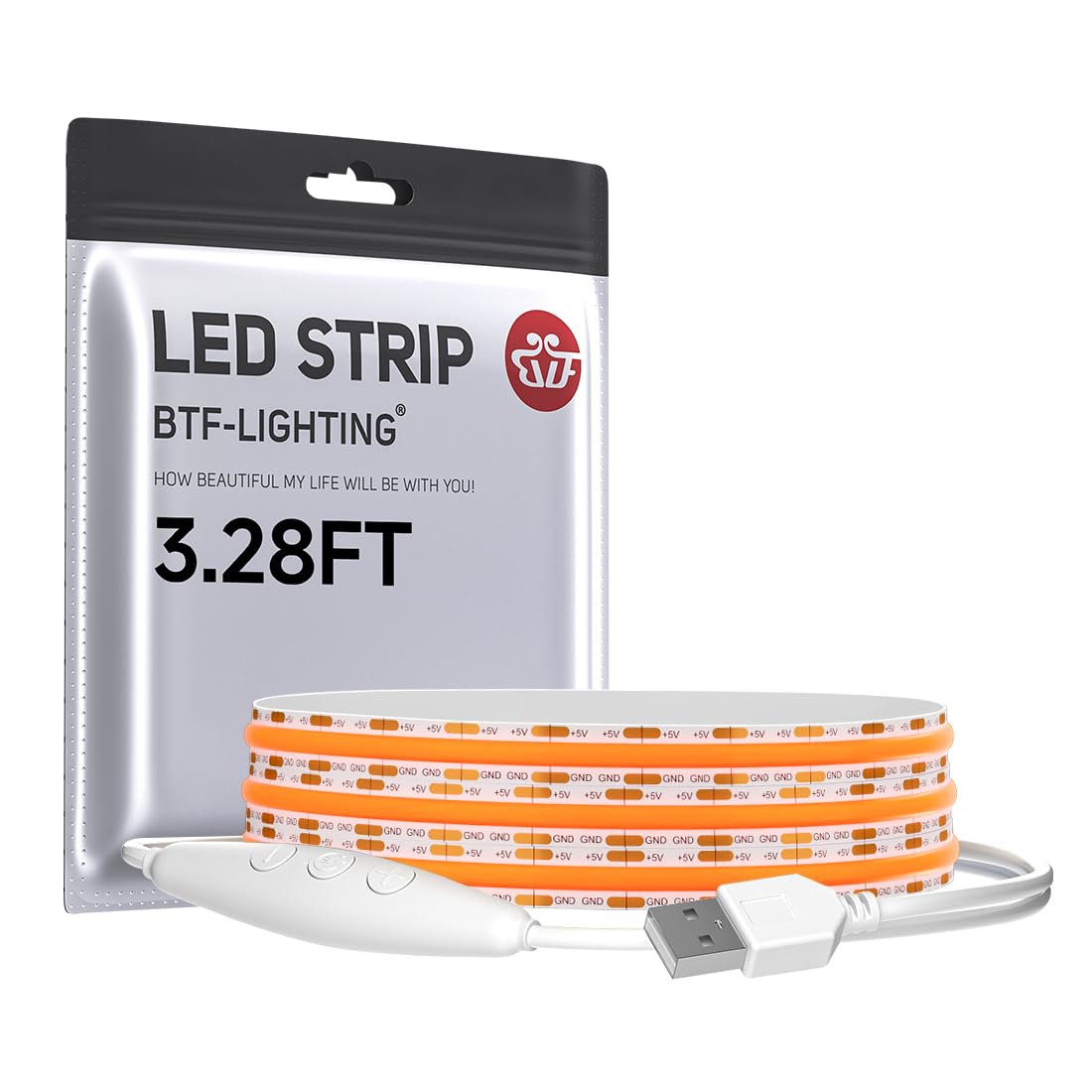 BTF-LIGHTING FCOB COB FOB LED Band Lights 5V USB Powered 3.28FT 320LEDs Orange Color 8mm Width Dimmable CRI 90+ with 3M Tape Flexible High Density for 3D Printer TV Backlight PC DIY Decor