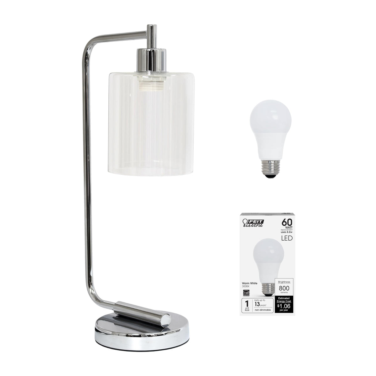 Simple Designs LD1036-CHR-LB 18.8&quot; Industrial Bronson Antique Style Iron Lantern Desk Table Lamp with Glass Shade for Home Décor, Office, Living Room, Bedroom, Chrome, with Feit LED Bulb Included