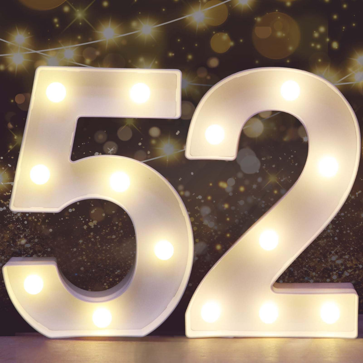 Pooqla Decorative Led Light Up Number Letters, White Plastic Marquee Number Lights Sign for 52th Birthday Party Wedding Decor Battery Operated Number (52)