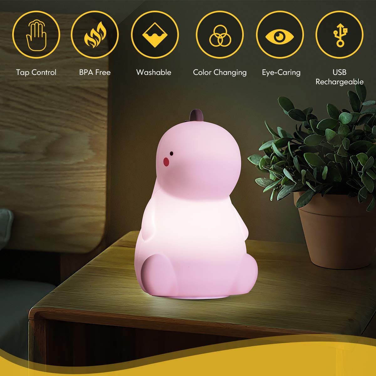 Cute Dinosaur Lamp, Toddler Night Light For Kids, 3 Level Dimmable Touch Night Light For Baby Nursery, Rechargeable Silicone Squ