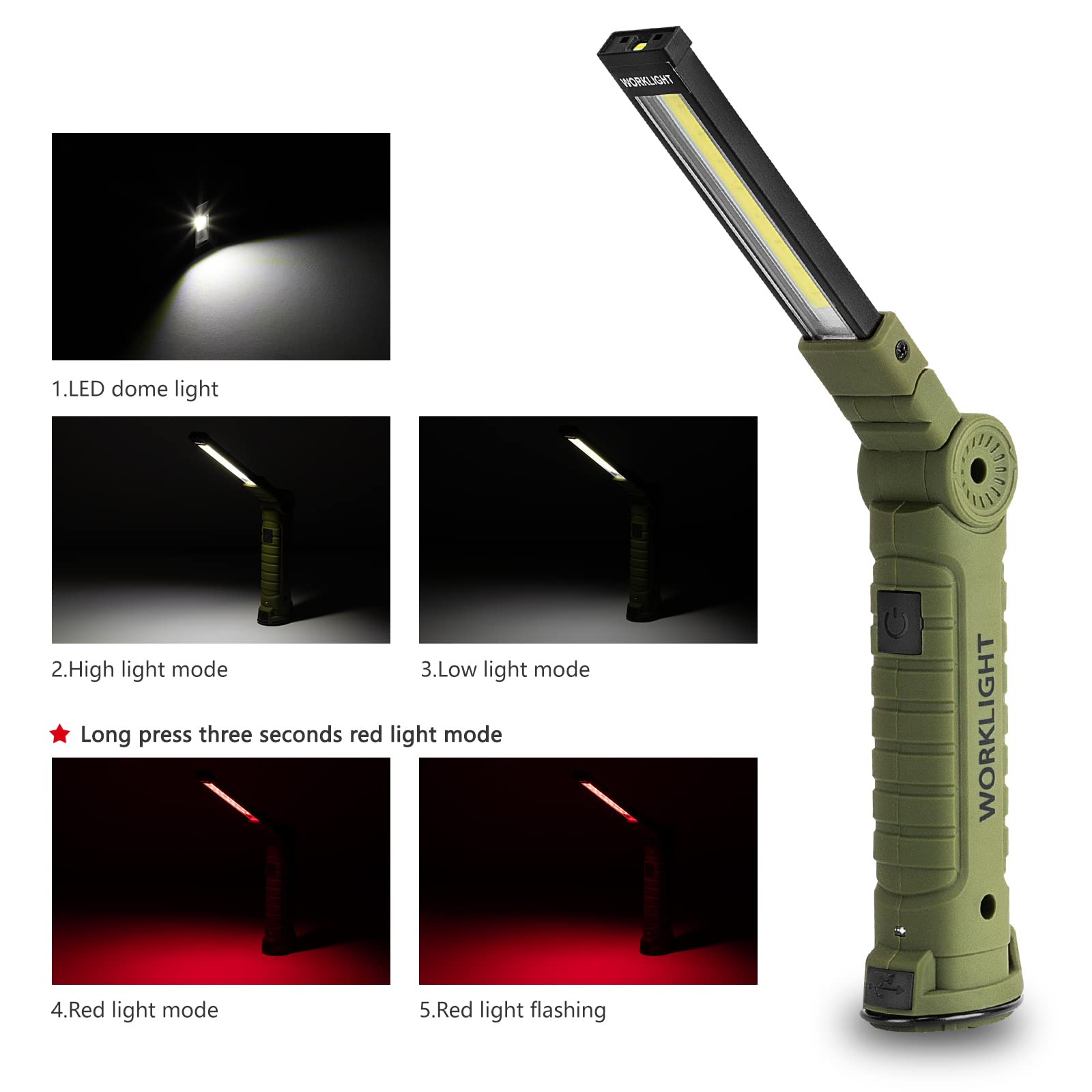 Lmaytech LED Work Light, COB Rechargeable, Magnetic Base, 360° Rotate, 5 Light Modes, 3 Pack, Green, ABS Material