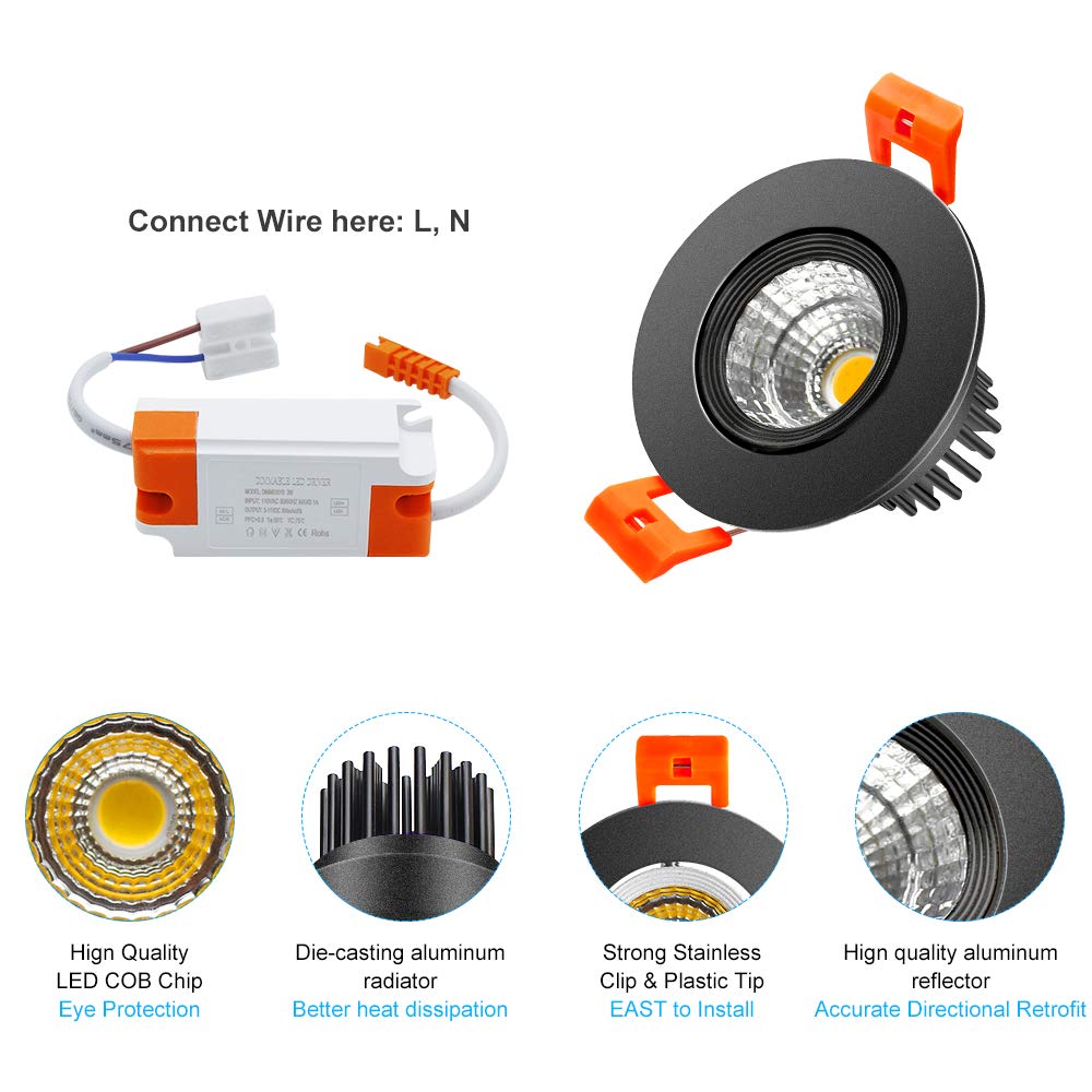 inShareplus 2 Inch LED Downlight, 3W Dimmable, 3000K Warm White, Aluminum, Black Trim, Model BZS-SH-DL-3WWW-1