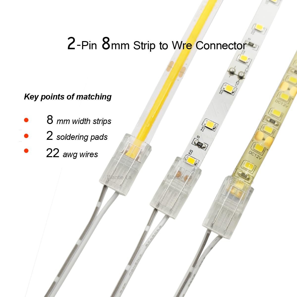 Biantie La 2-Pin COB LED Strip Connector Solderless Adapter Terminal, Model BL-TZ, 12V/24V, Pack of 10