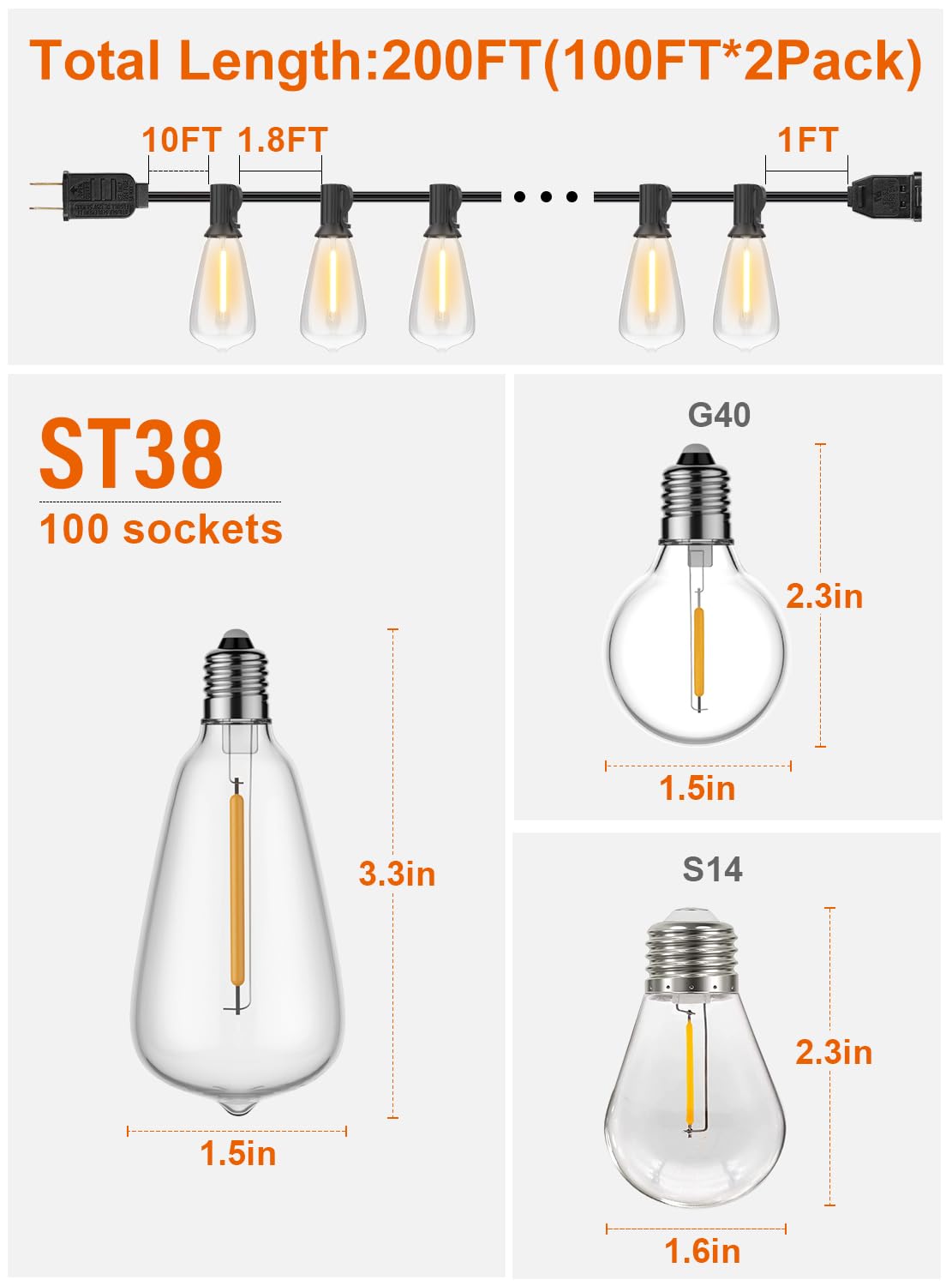 Gpatio 200Ft(100Ft*2Pack) Outdoor String Lights, Waterproof Patio Lights With 64 Dimmable Hanging Lights Globe St38 Bulbs, 2700K
