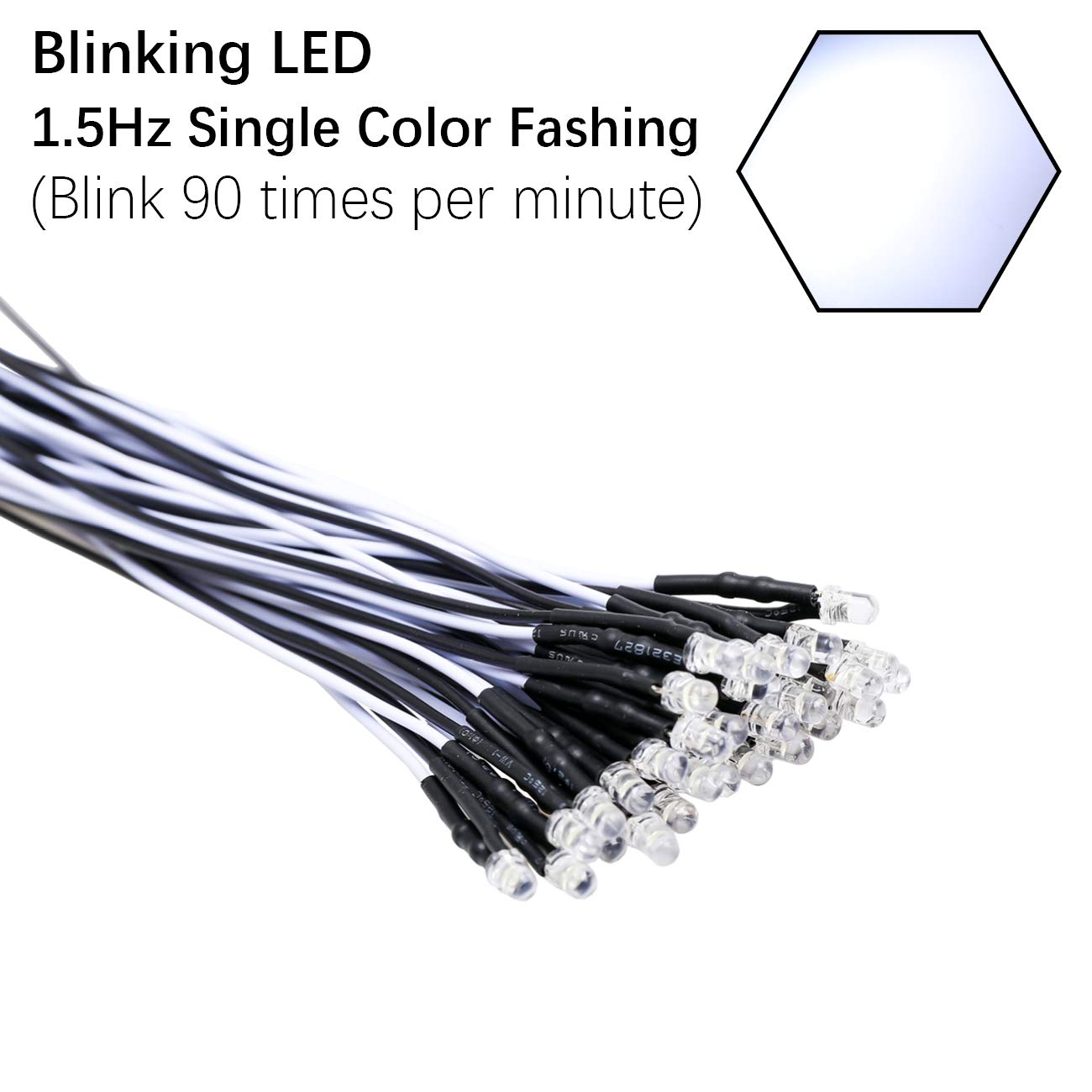 Edgelec 30Pcs 12 Volt 3Mm White Blinking Led Lights Emitting Diodes (1.5Hz Single Color Flashing) Pre Wired 7.9 Inch Dc 12V Led Light Clear Lens Small Led Lamps