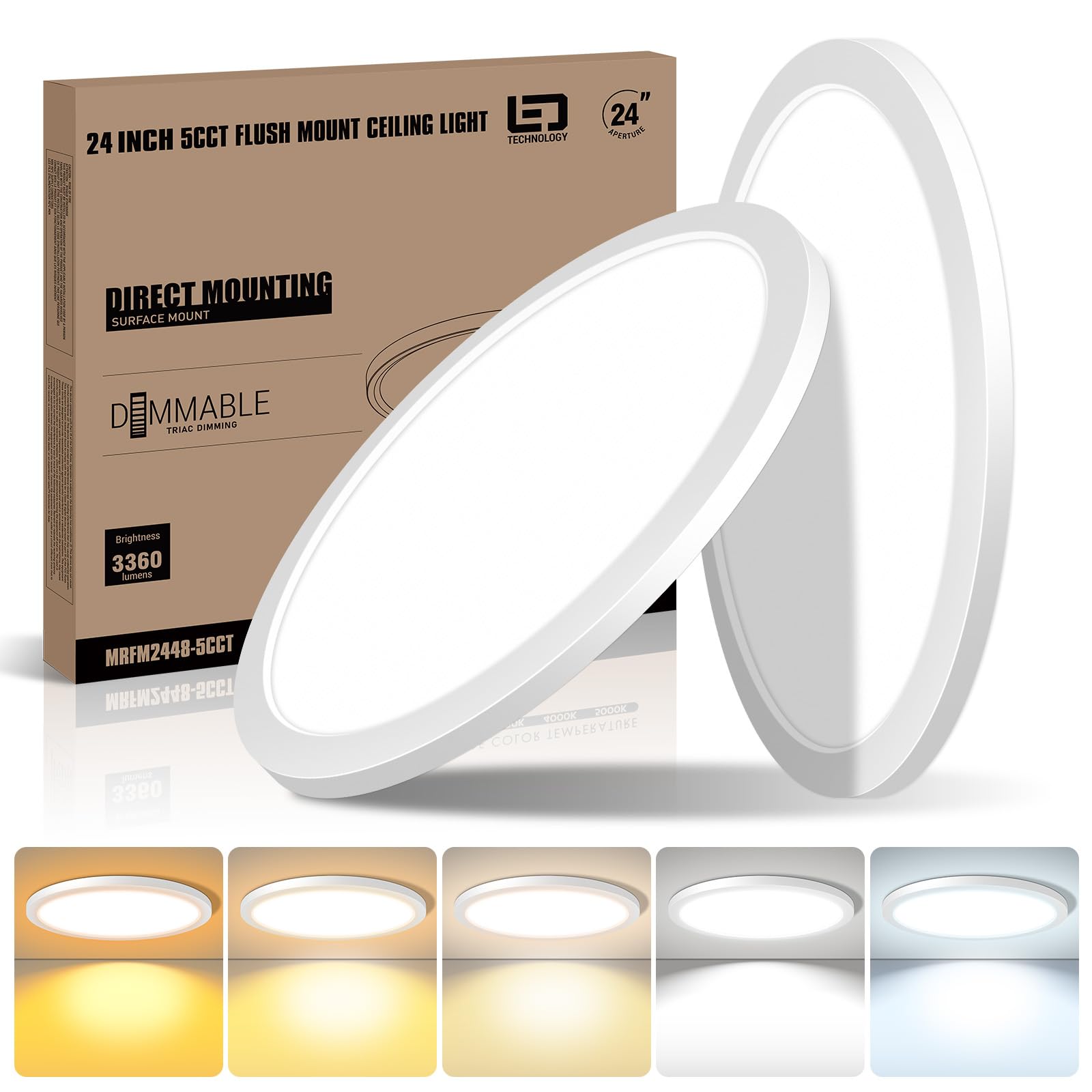 2 Pack 24 Inch Flush Mount Ceiling Light, 3360Lm, 120V, 5Cct 2700K/3000K/3500K/4000K/5000K, Dimmable Ultra Slim Modern Led Ceili