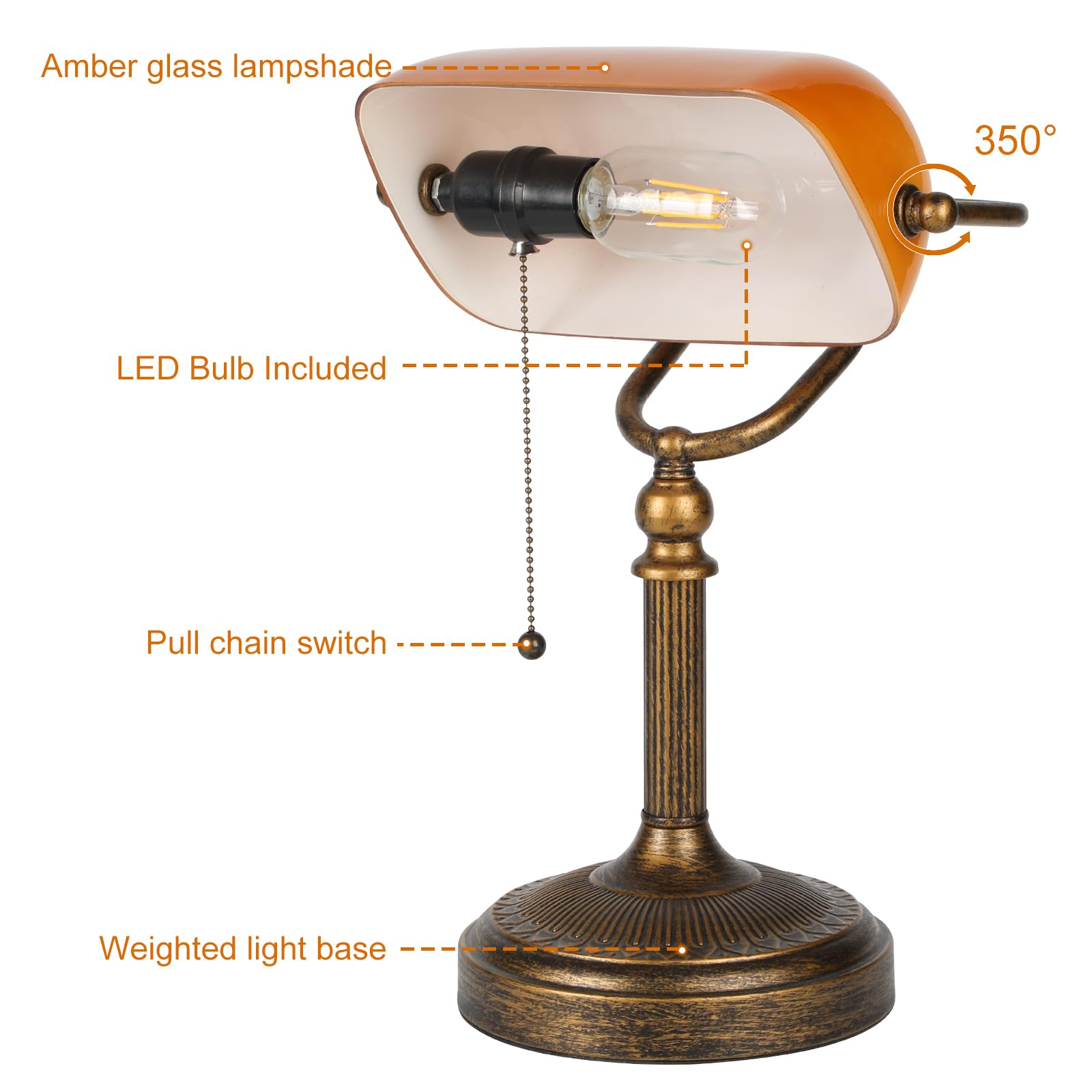 Nissafors Bankers Desk Lamp, Amber Glass Shade, Vintage Desk Lamp With Pull Chain Switch, Retro Table Lamps For Home Office Led