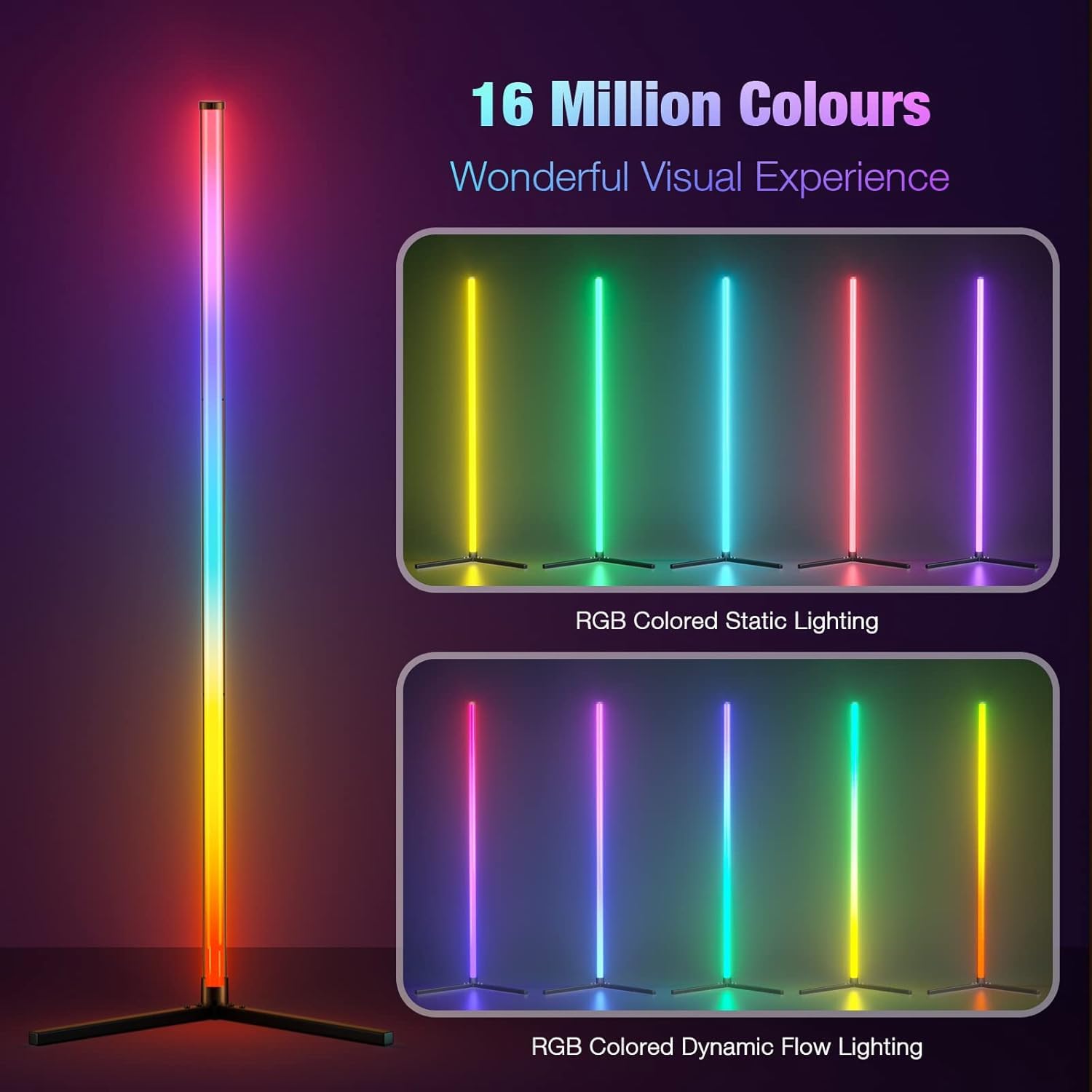 Uocub LED Floor Lamp, RGB Corner Floor Lamp with APP Remote Control,Black Standing Lamp with 16 Million Colors Changing Ambience