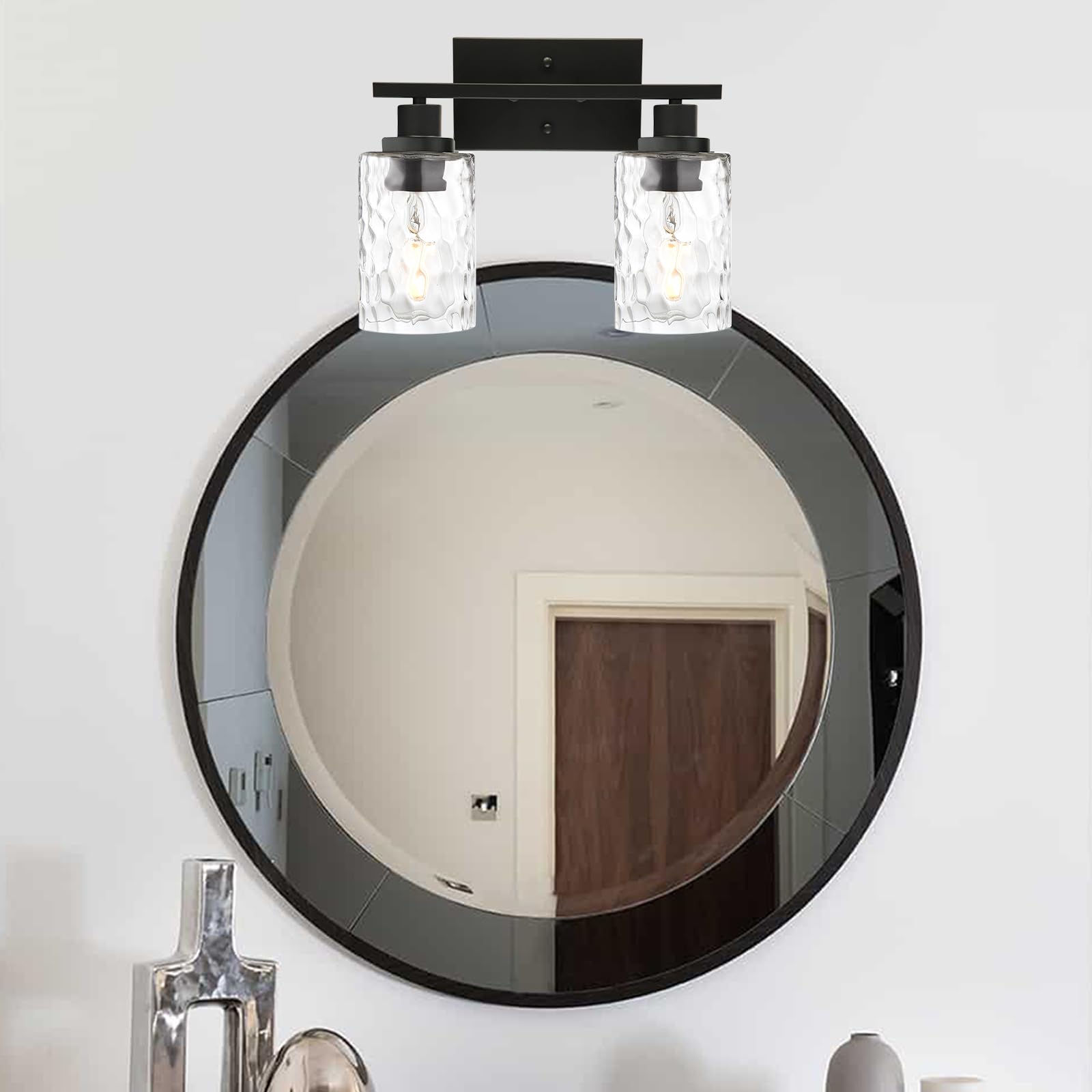 MELUCEE Indoor Wall Sconce 2-Light Matte Black Metal with Clear Hammered Glass for Bathroom Vanity and Mirror Cabinets