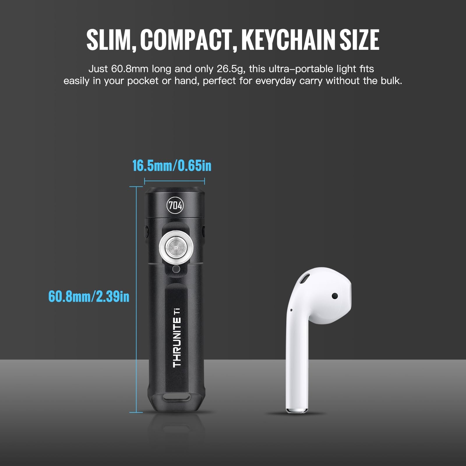 ThruNite Ti-704 Keychain Flashlight, 650 Lumens USB-C Rechargeable, Magnetic Tailcap, Black Cool White