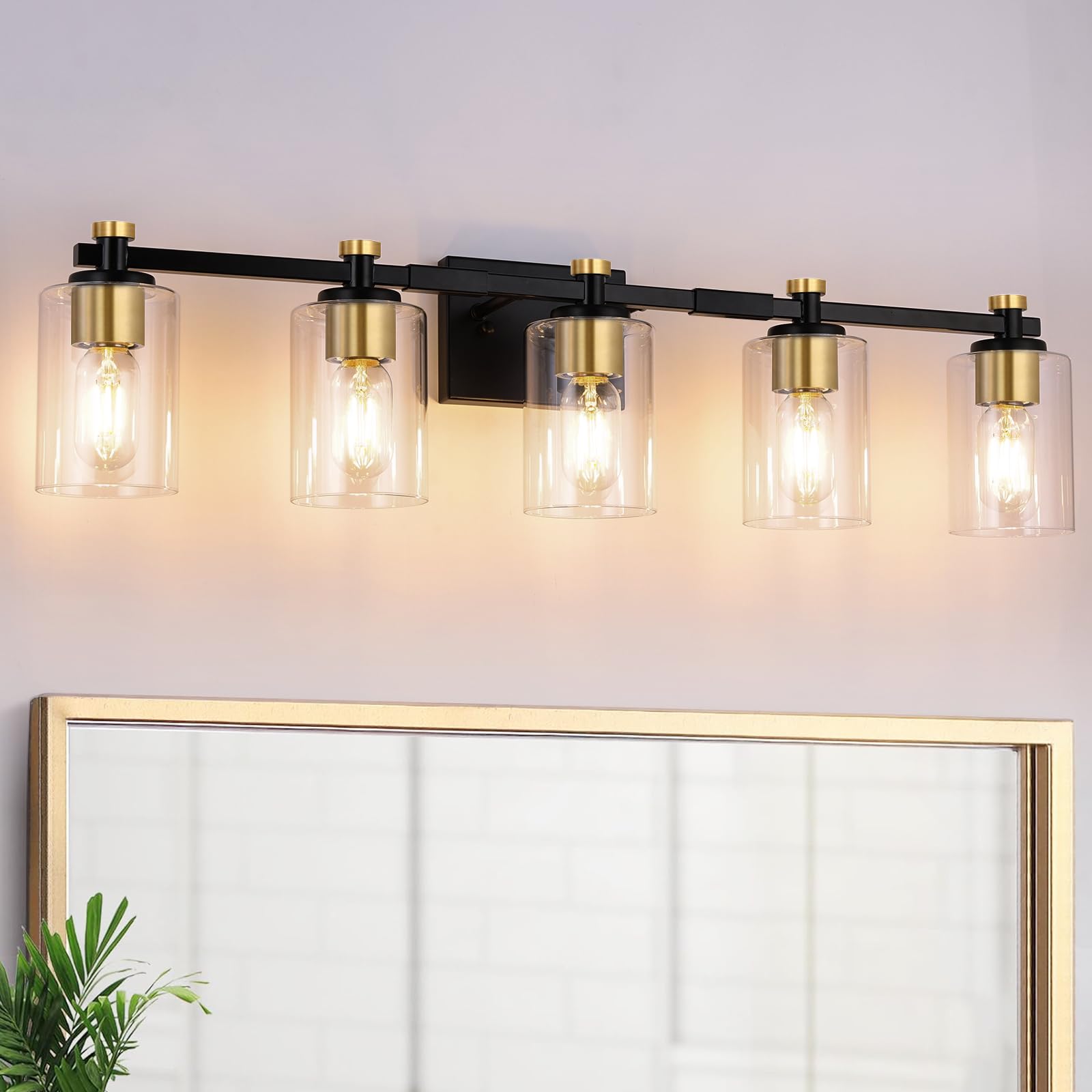 Jdvads 5 Light Bathroom Vanity Light Fixture, Black and Gold, Clear Glass Shade, Model VL001-5-BG