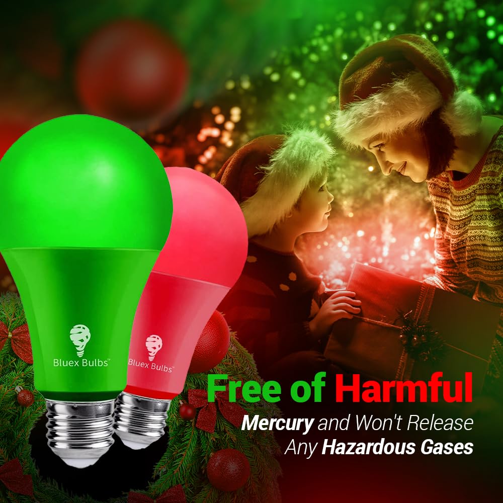 4 Pack Bluex Led A21 Red Green Light Bulbs - 15W (120Watt Equivalent) - E26 Base Red Green Led Red Bulb, Party Decoration, Porch