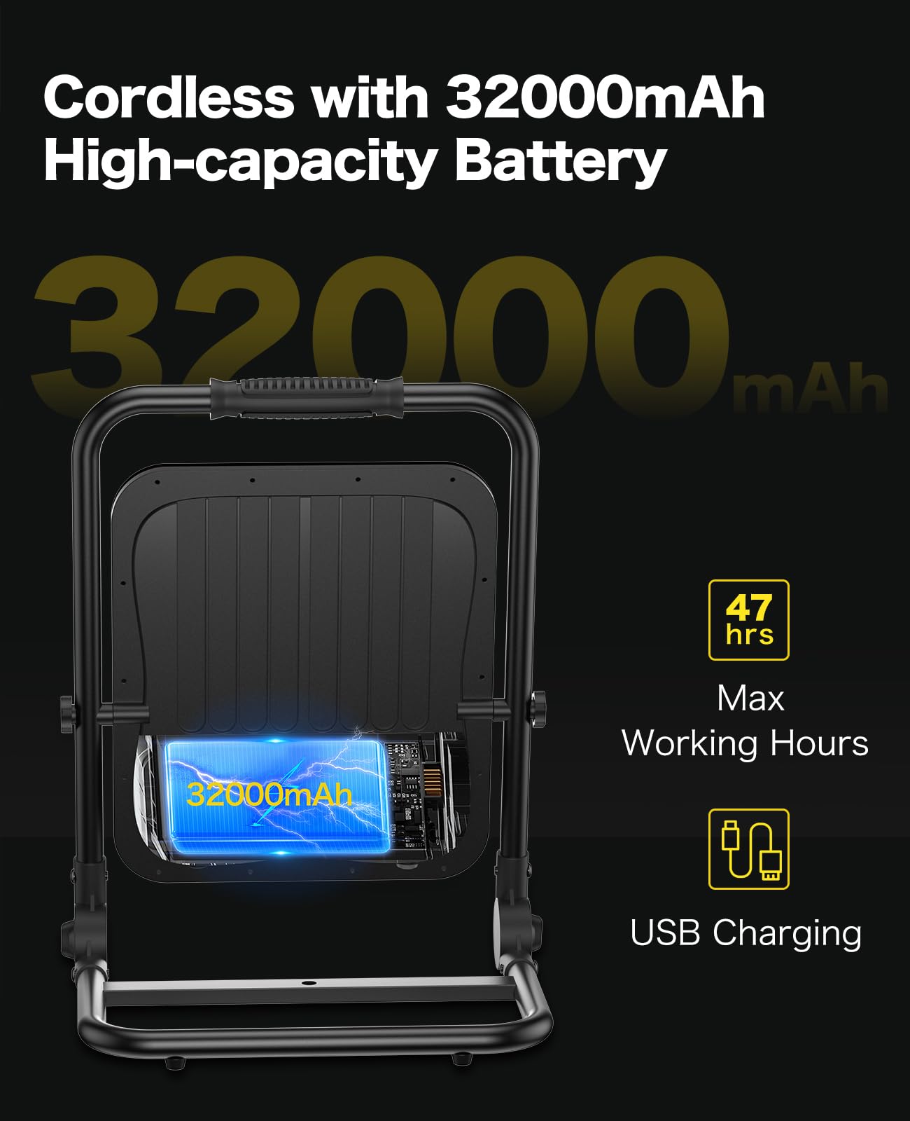 Akofun 400W Rechargeable Led Work Light With Stand, 42000Lm Waterproof Flood Light, 32000Mah Battery, 6500K, 4 Modes Adjustable