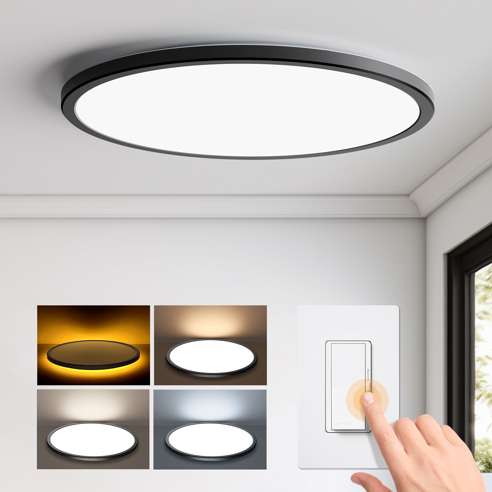 Matane 15.4In Dimmable Led Flush Mount Ceiling Light With Night Light  36W Ceiling Lighting Fixture  3000K/4000K/5000K Selectable  Low Profile Ceiling Lights For Bedroom  Kitchen  Hallway  Black